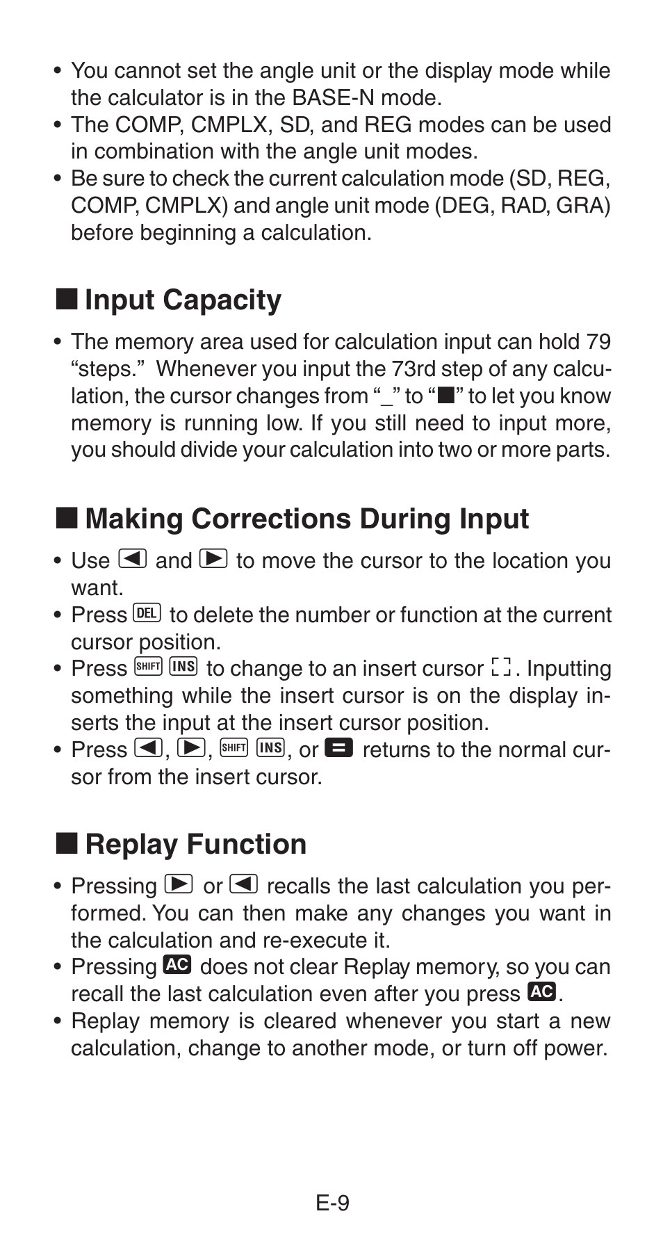 K input capacity, K making corrections during input, K replay function | Casio fx-115W User Manual | Page 11 / 43