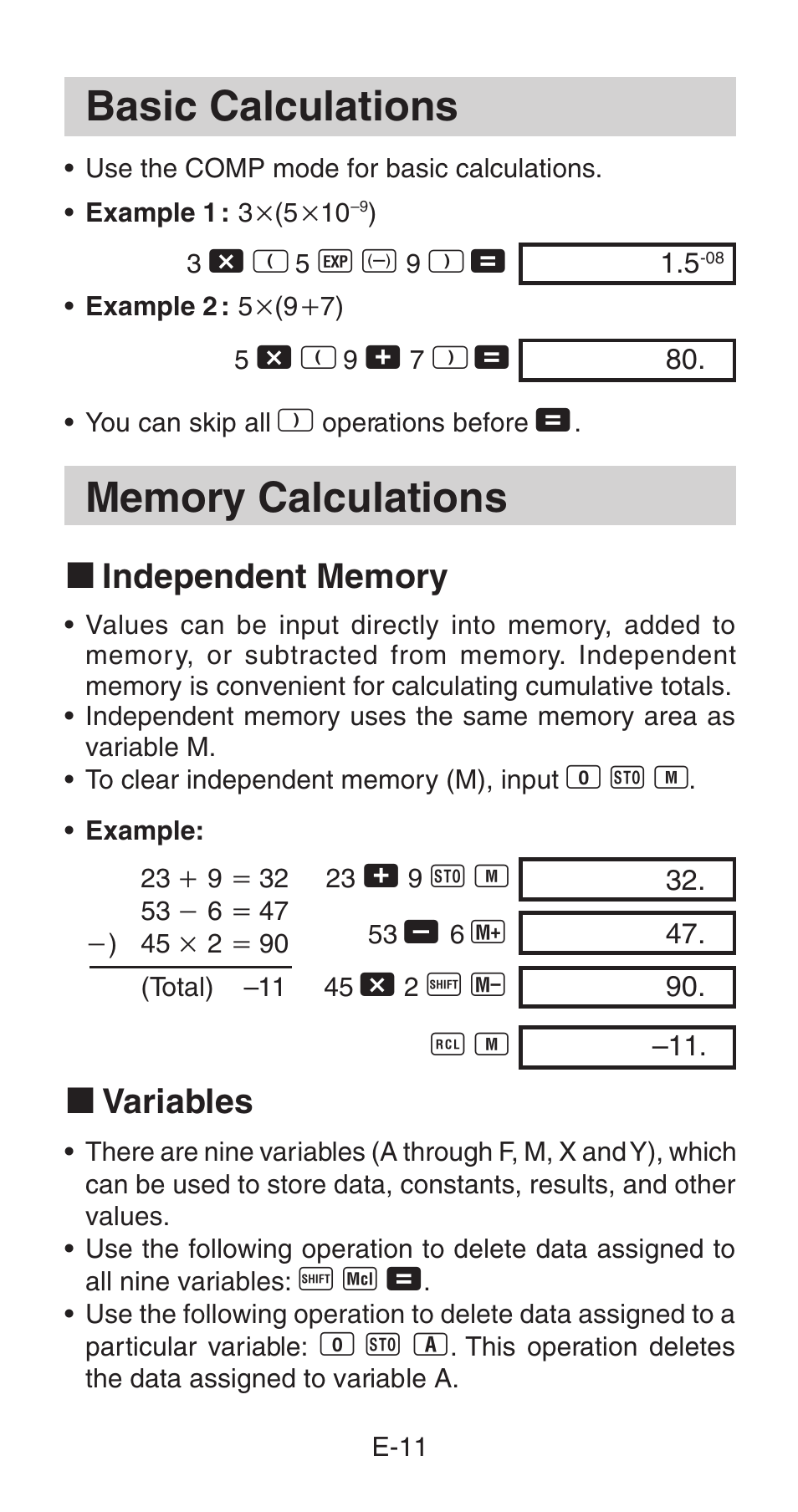 Basic calculations, K variables | Casio fx-115W User Manual | Page 13 / 43