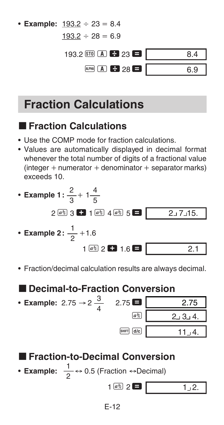 Fraction calculations, K fraction calculations, K decimal-to-fraction conversion | K fraction-to-decimal conversion | Casio fx-115W User Manual | Page 14 / 43