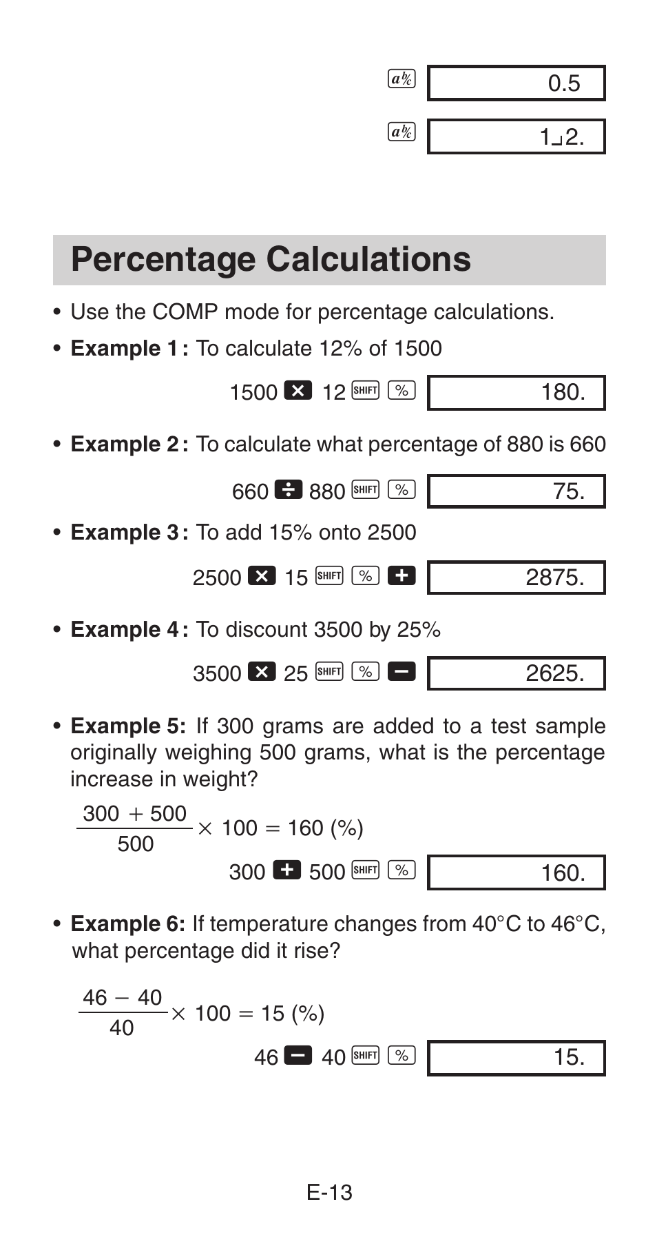 Percentage calculations | Casio fx-115W User Manual | Page 15 / 43