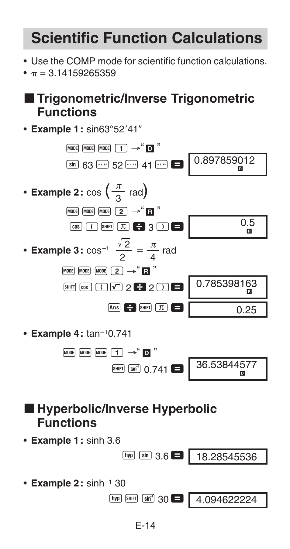 Scientific function calculations, K trigonometric/inverse trigonometric functions, K hyperbolic/inverse hyperbolic functions | Casio fx-115W User Manual | Page 16 / 43