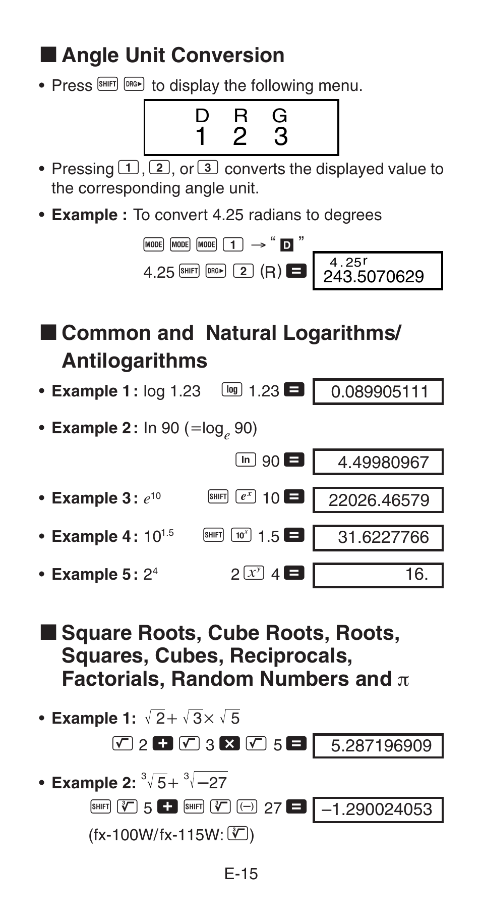 K angle unit conversion, K common and natural logarithms/ antilogarithms | Casio fx-115W User Manual | Page 17 / 43