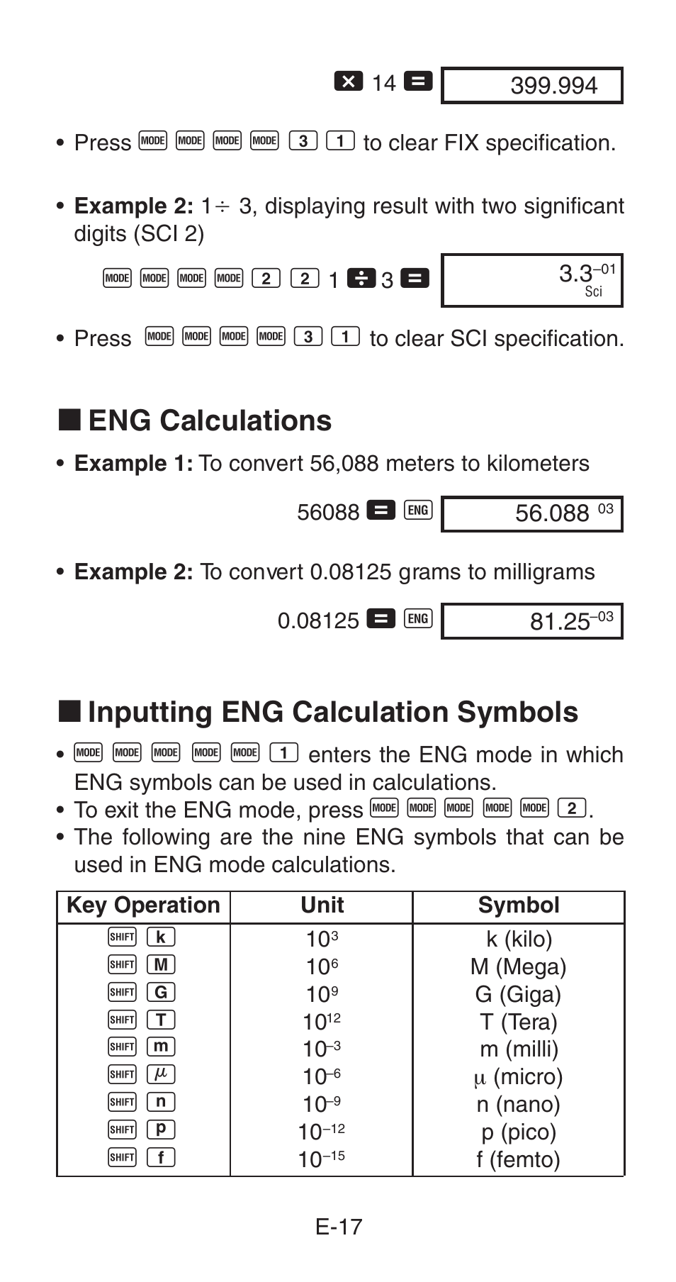 K eng calculations, K inputting eng calculation symbols | Casio fx-115W User Manual | Page 19 / 43