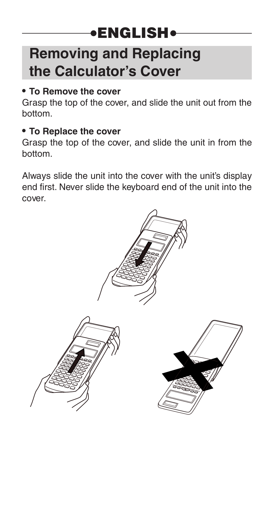 Removing and replacing the calculator’s cover, English | Casio fx-115W User Manual | Page 2 / 43