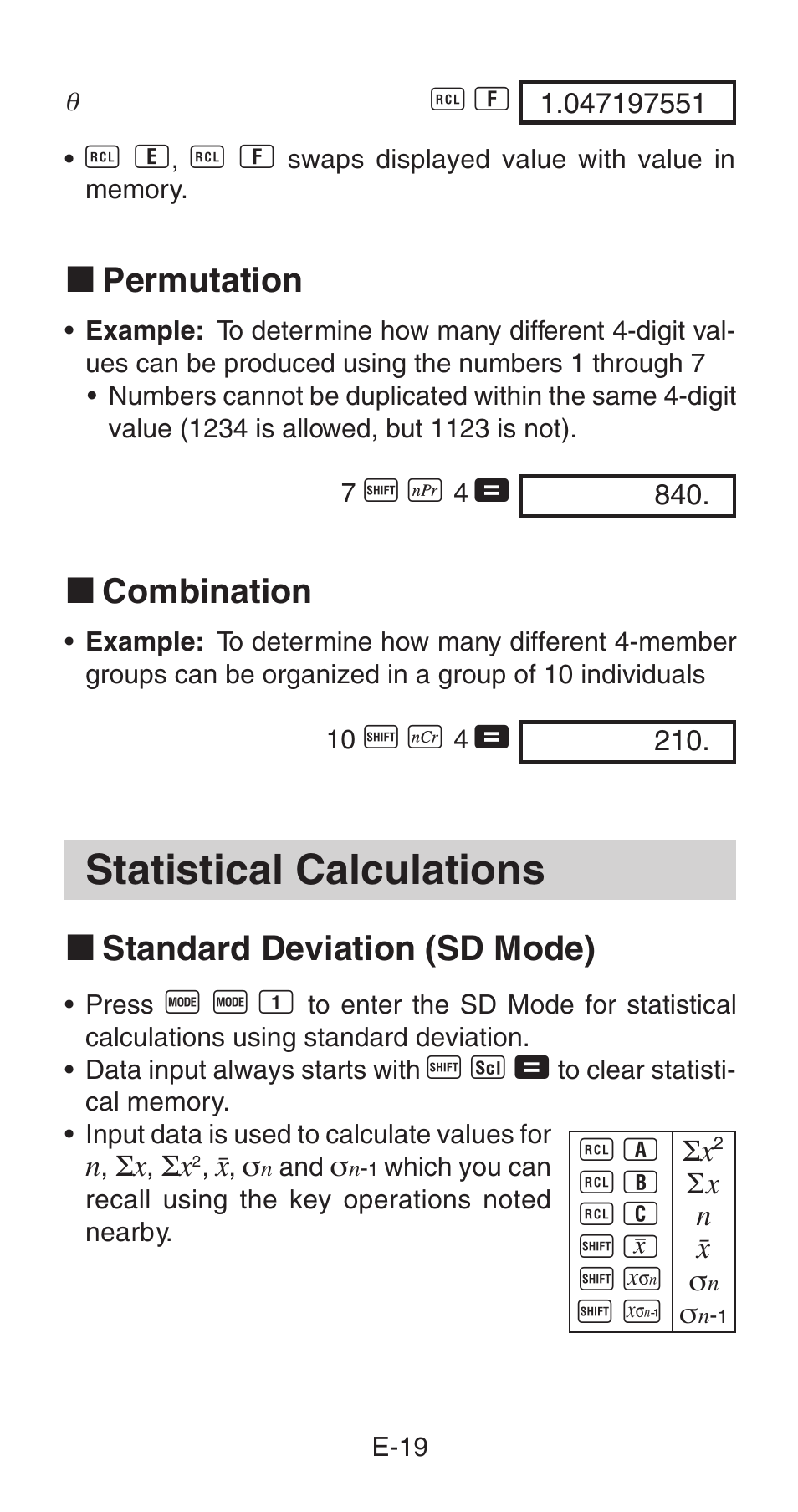 Statistical calculations, K permutation, K combination | K standard deviation (sd mode) | Casio fx-115W User Manual | Page 21 / 43