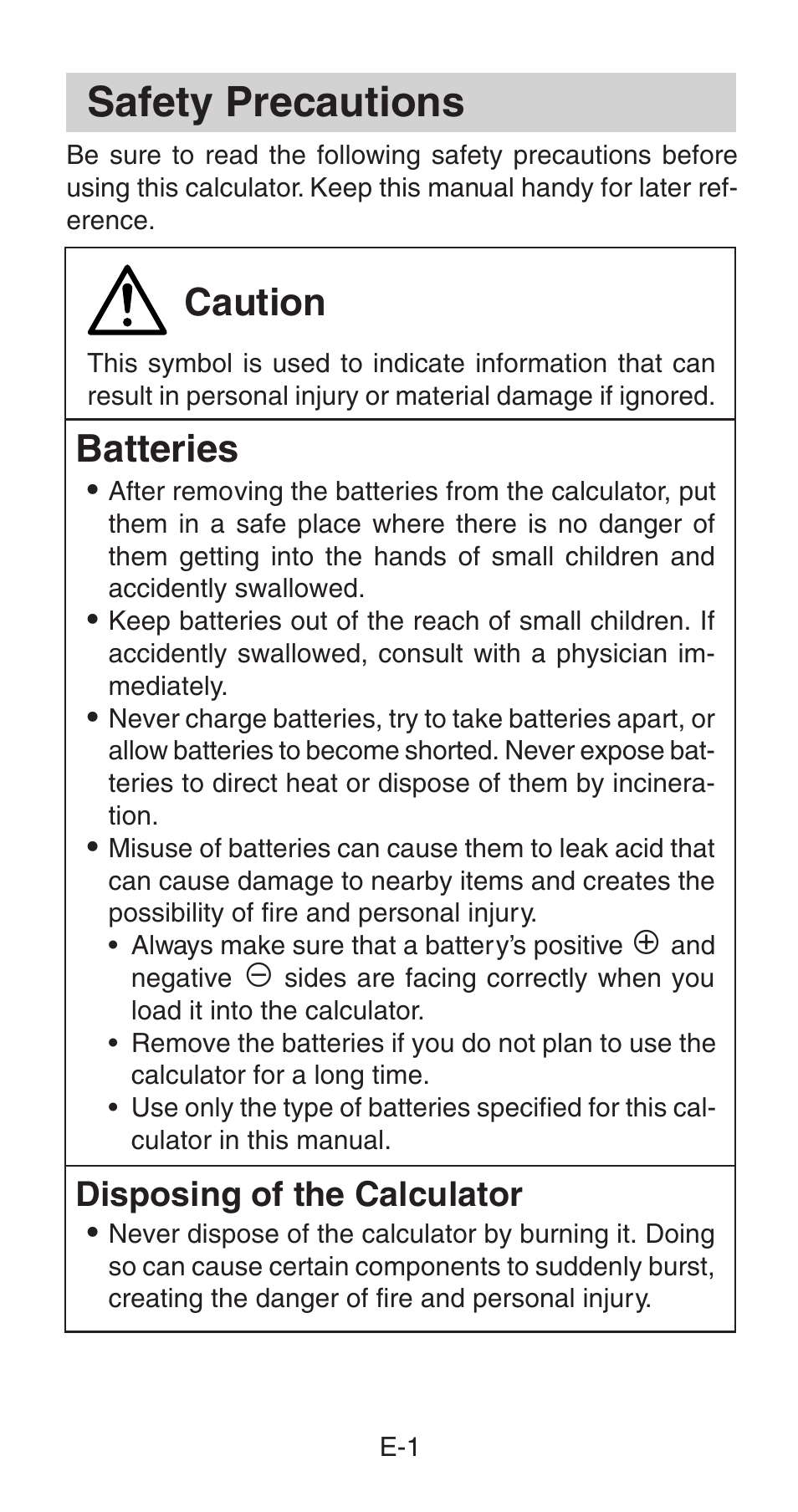 Safety precautions, Caution, Batteries | Disposing of the calculator | Casio fx-115W User Manual | Page 3 / 43