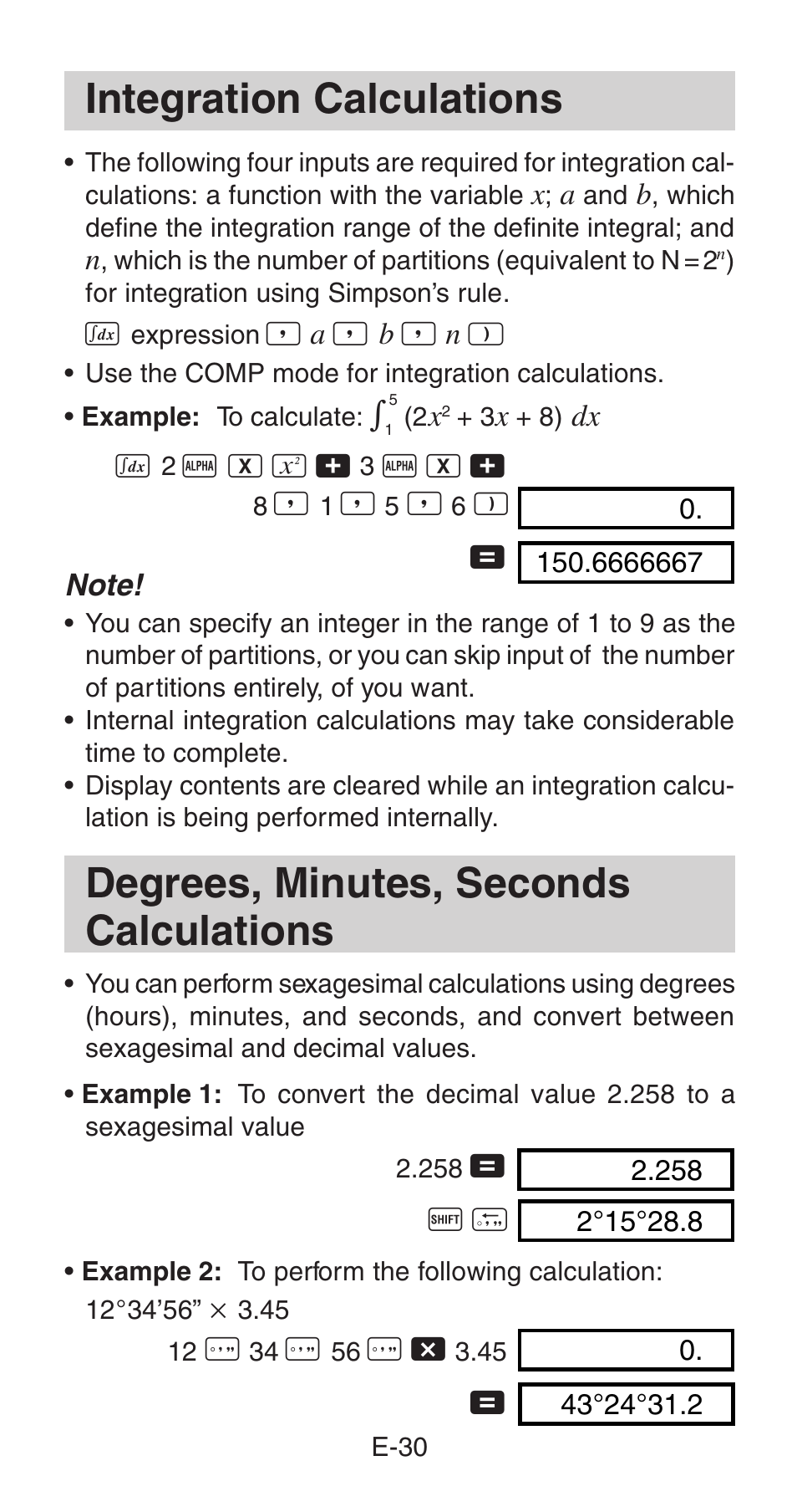 Integration calculations, Degrees, minutes, seconds calculations | Casio fx-115W User Manual | Page 32 / 43