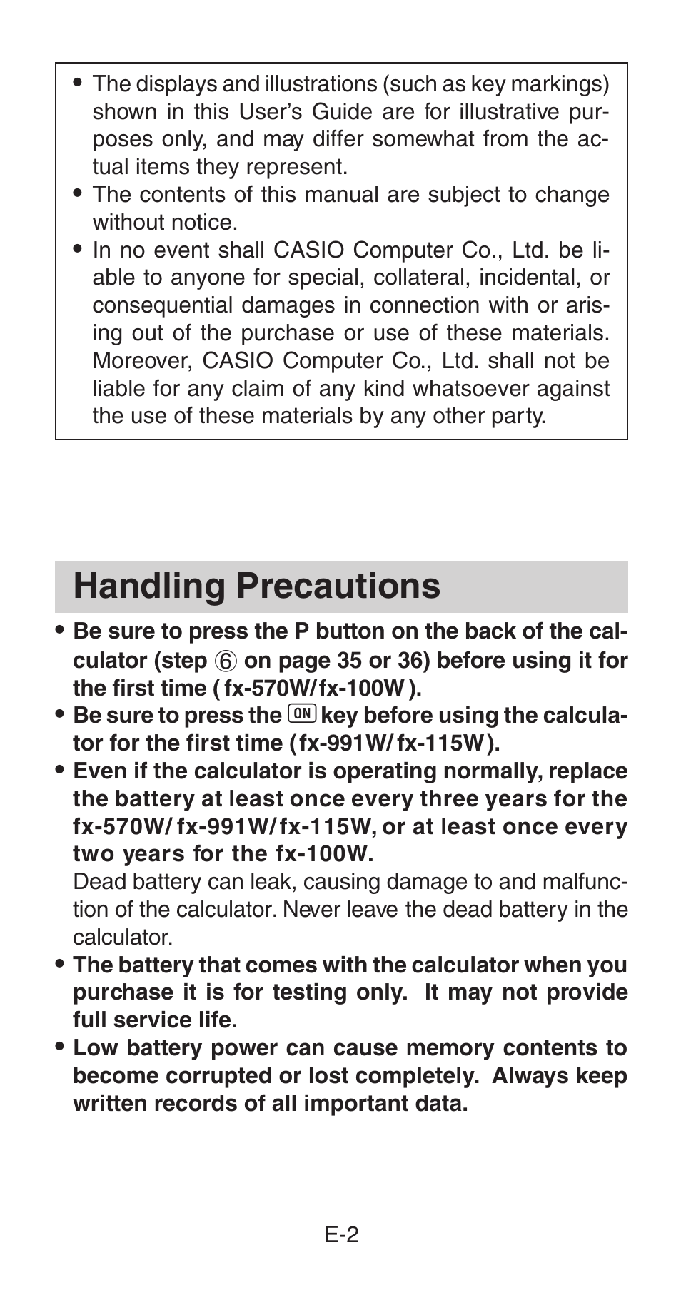 Handling precautions | Casio fx-115W User Manual | Page 4 / 43