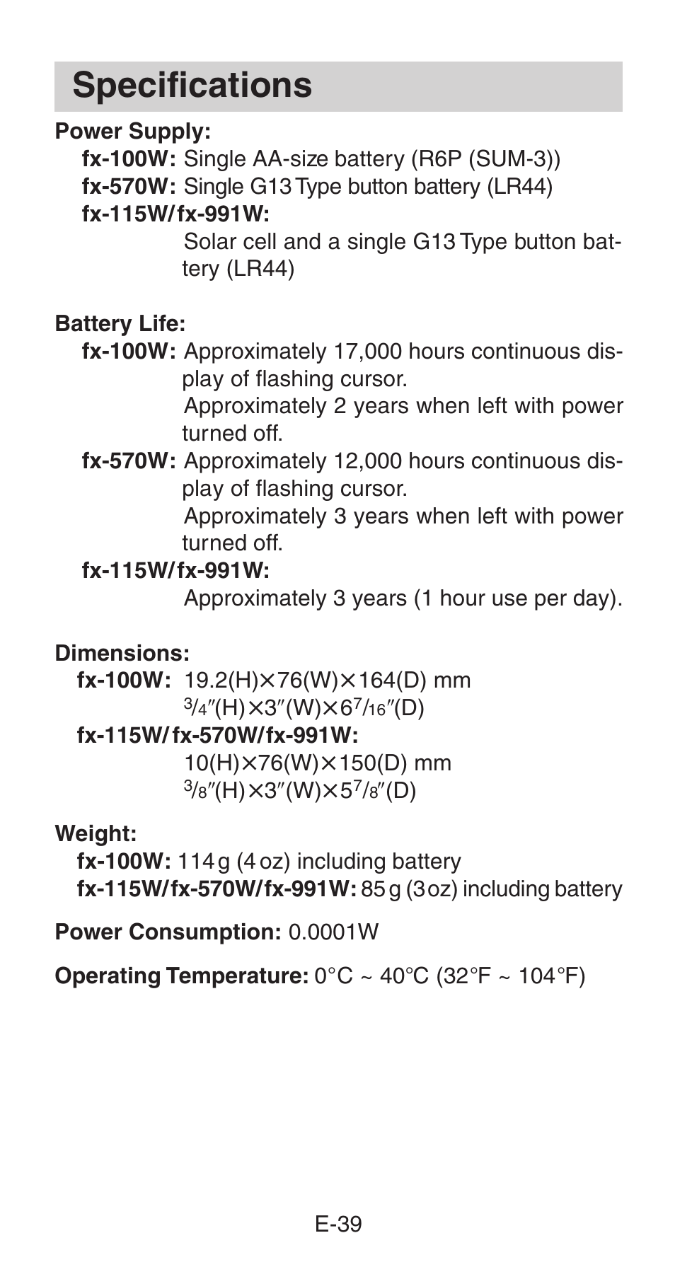 Specifications | Casio fx-115W User Manual | Page 41 / 43