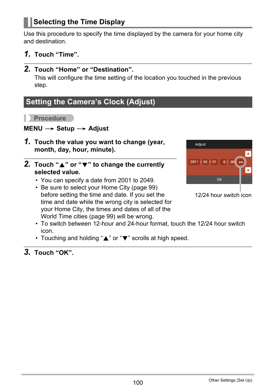 Selecting the time display, Setting the camera’s clock (adjust) | Casio EX-TR100 User Manual | Page 100 / 129