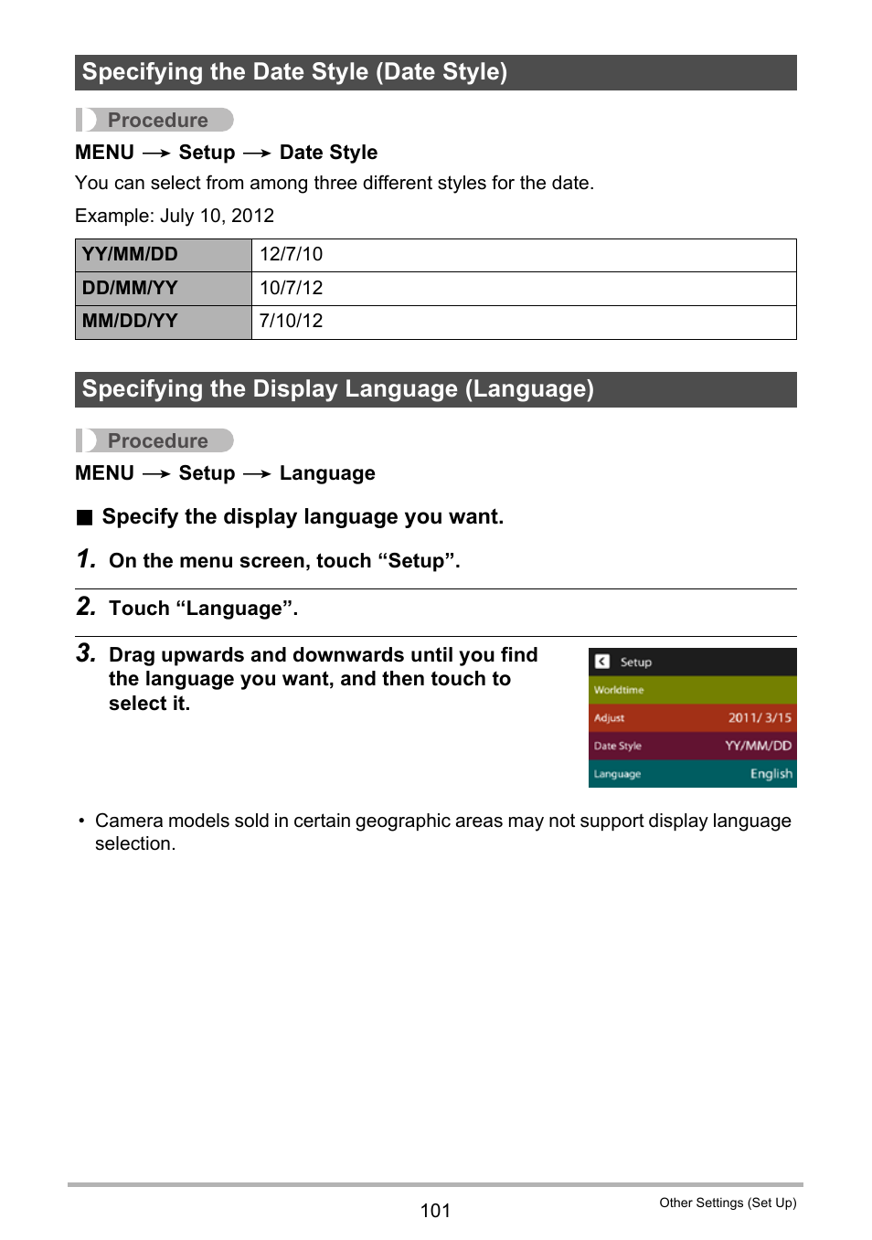 Specifying the date style (date style), Specifying the display language (language), E 101). n | E 101) | Casio EX-TR100 User Manual | Page 101 / 129