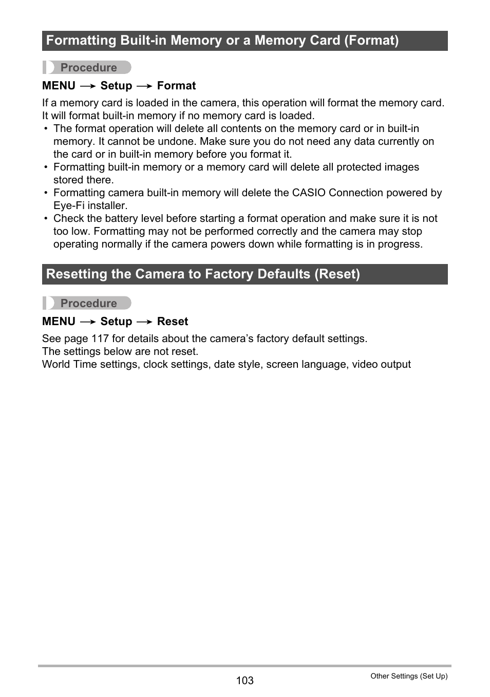 Resetting the camera to factory defaults (reset) | Casio EX-TR100 User Manual | Page 103 / 129