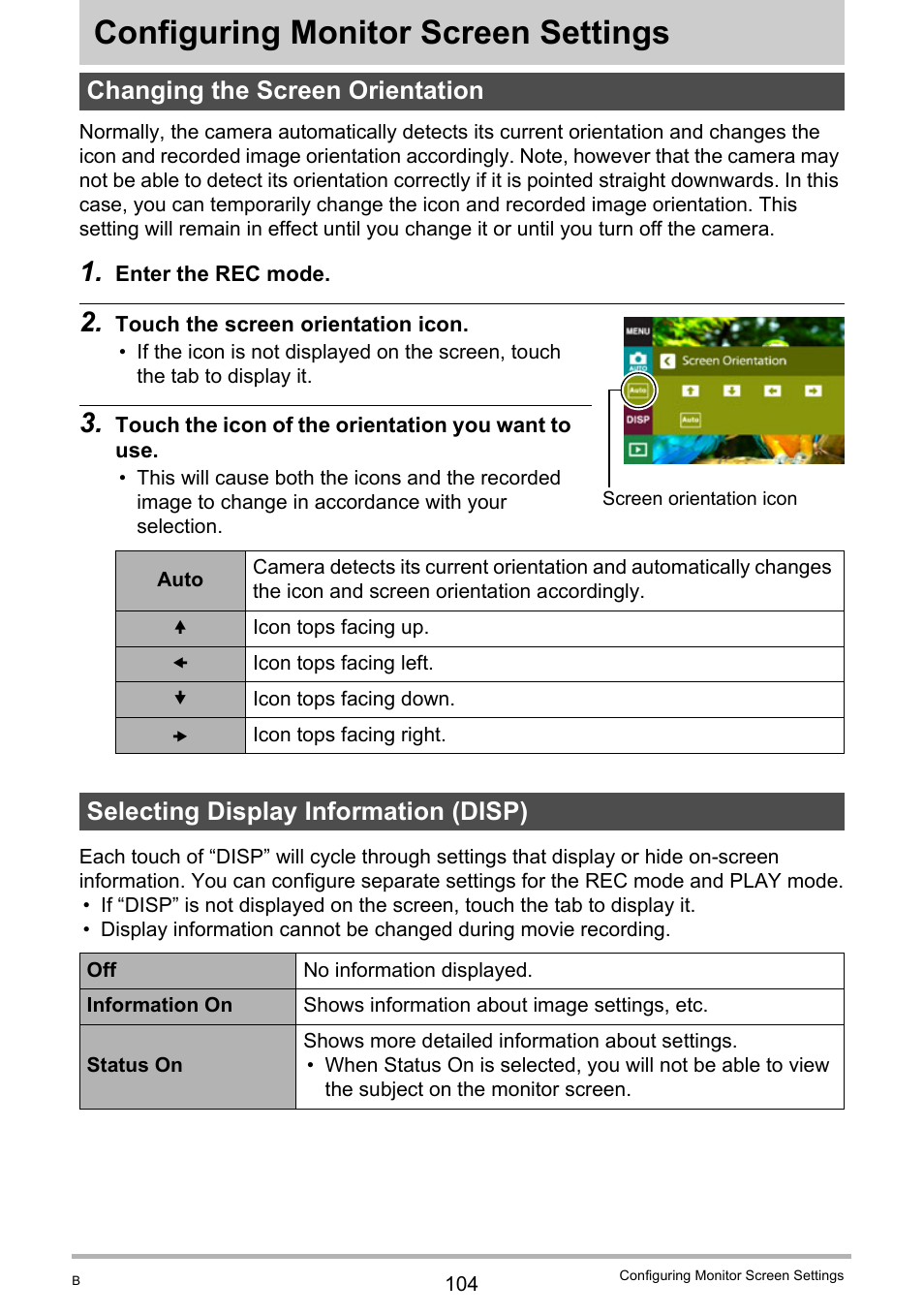 Configuring monitor screen settings, Changing the screen orientation, Selecting display information (disp) | Age 104) | Casio EX-TR100 User Manual | Page 104 / 129