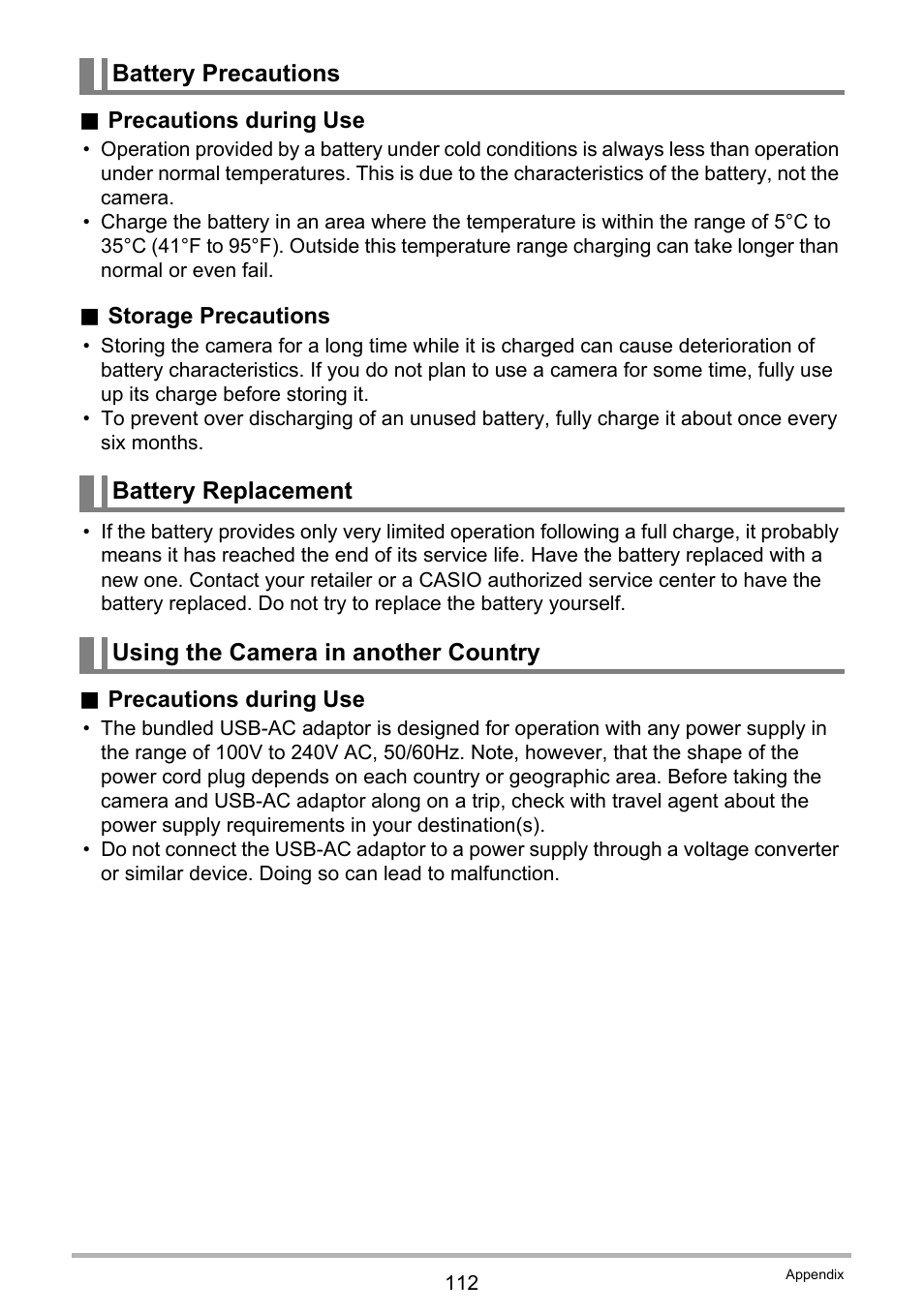 Battery precautions, Battery replacement, Using the camera in another country | Casio EX-TR100 User Manual | Page 112 / 129