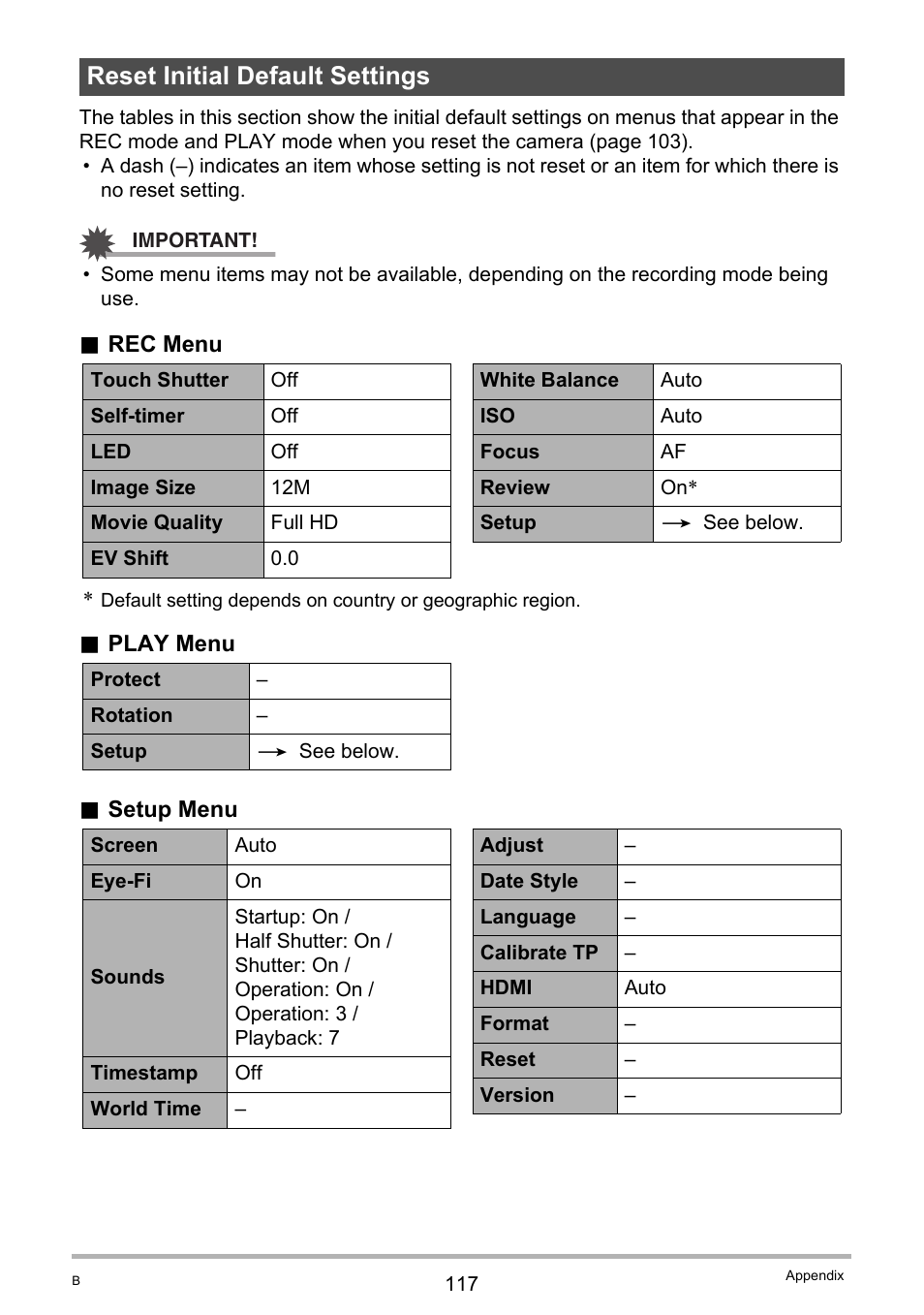 Reset initial default settings | Casio EX-TR100 User Manual | Page 117 / 129