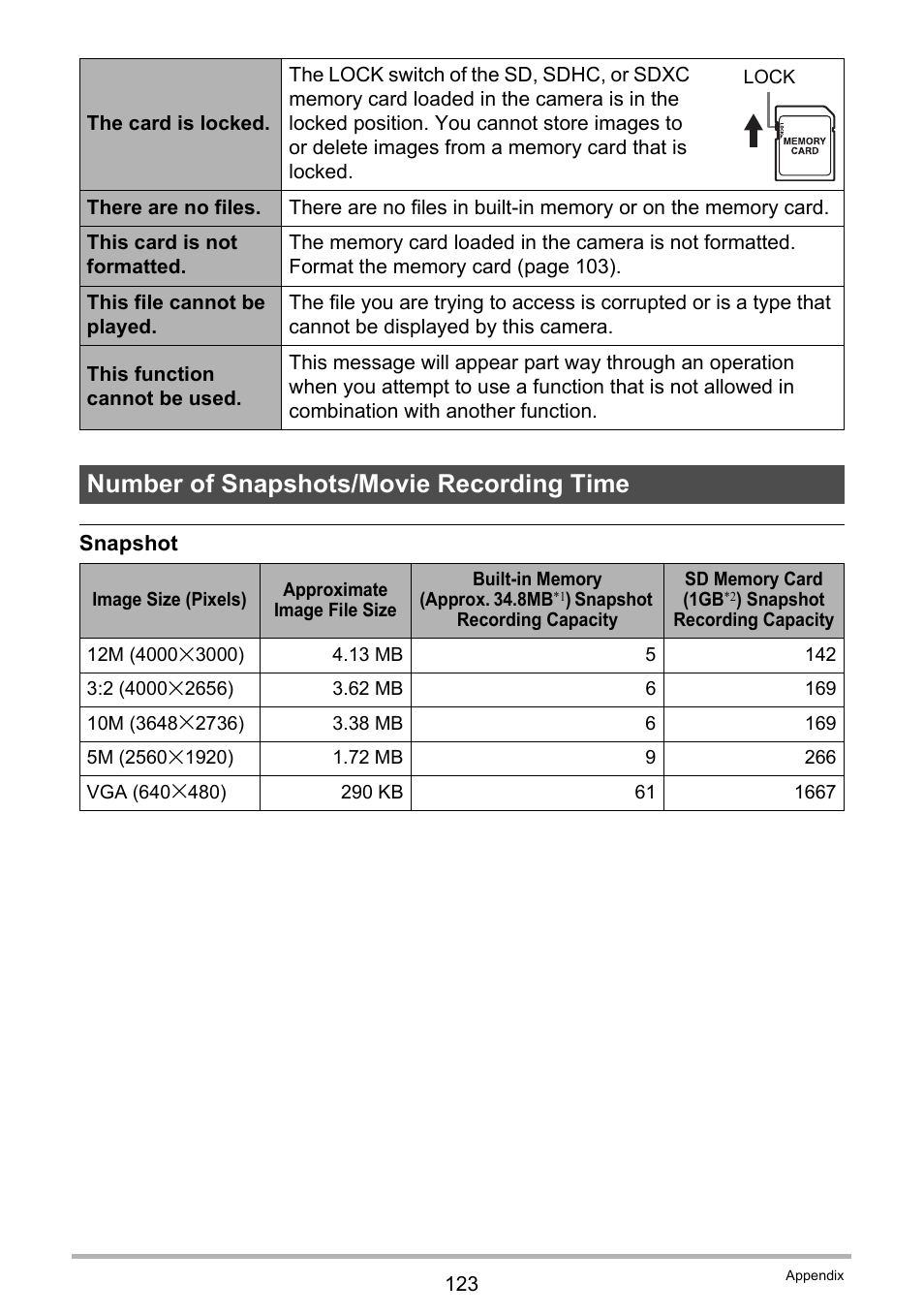 Number of snapshots/movie recording time | Casio EX-TR100 User Manual | Page 123 / 129
