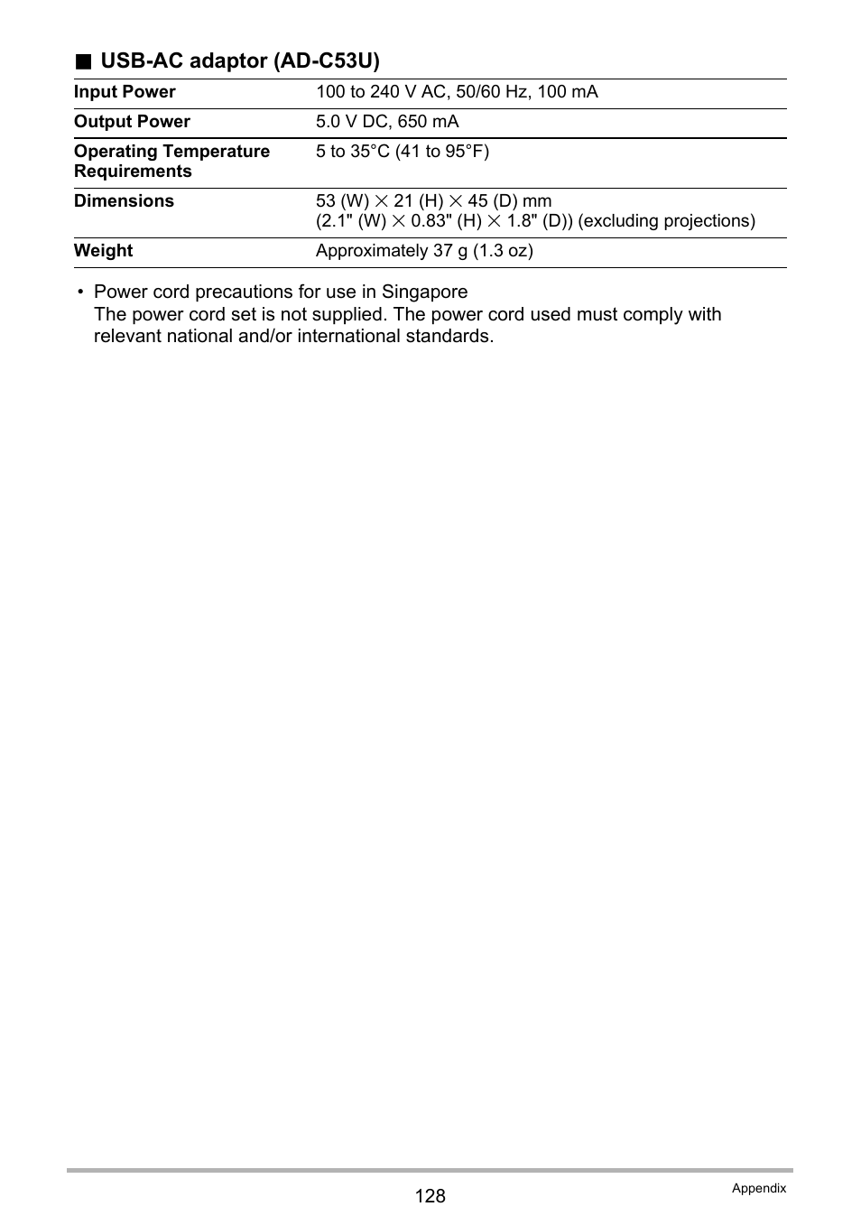 Usb-ac adaptor (ad-c53u) | Casio EX-TR100 User Manual | Page 128 / 129