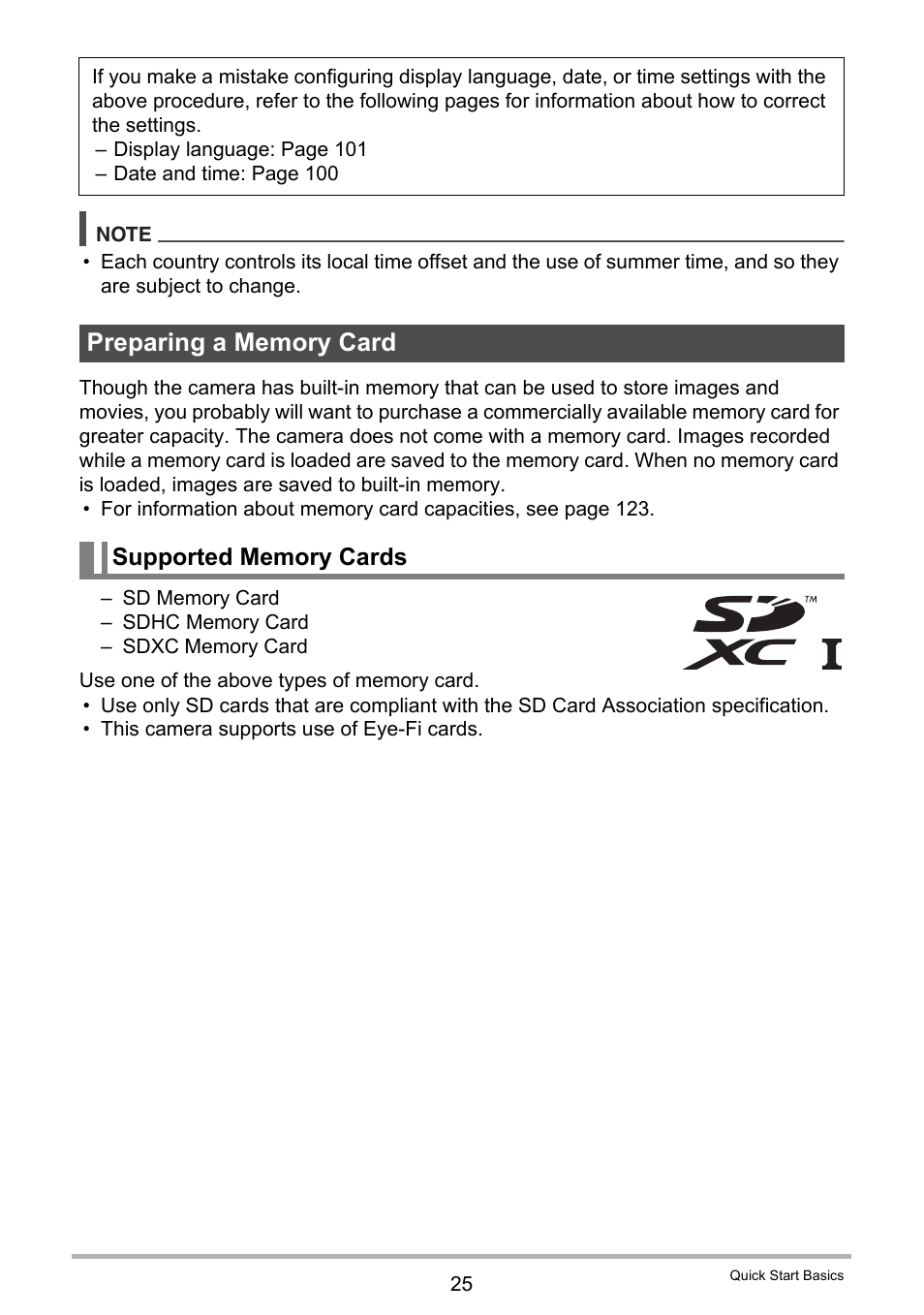 Preparing a memory card, Supported memory cards | Casio EX-TR100 User Manual | Page 25 / 129