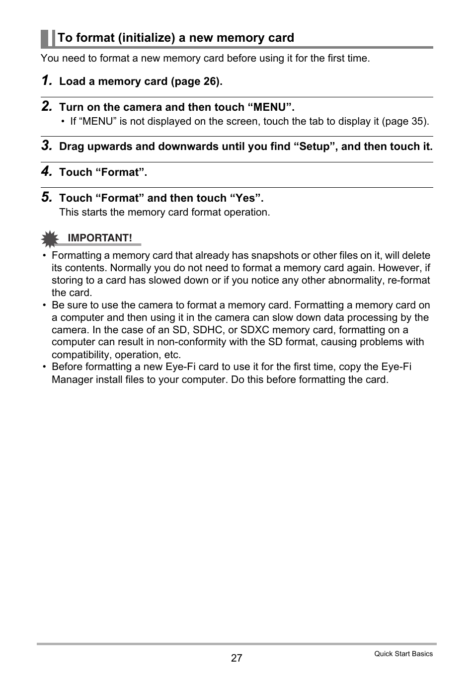 To format (initialize) a new memory card | Casio EX-TR100 User Manual | Page 27 / 129