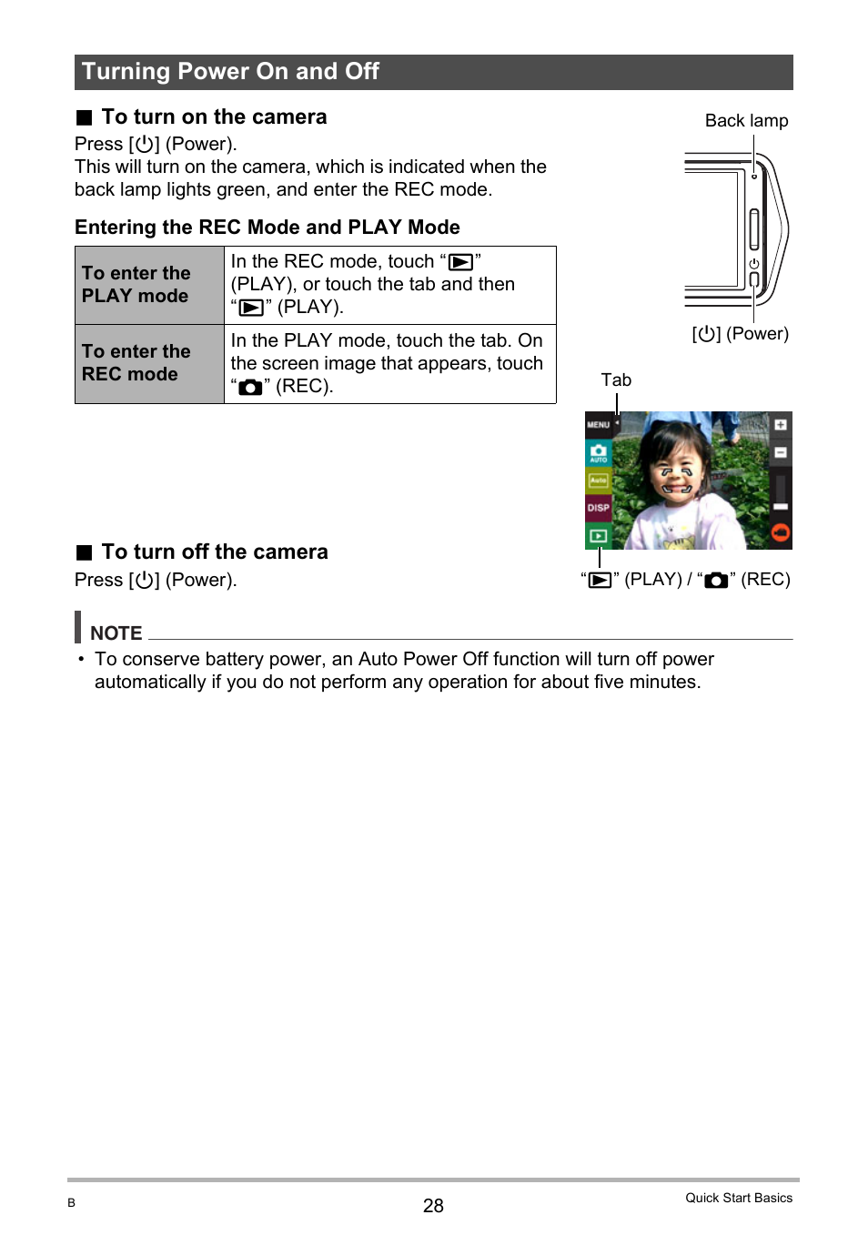 Turning power on and off | Casio EX-TR100 User Manual | Page 28 / 129