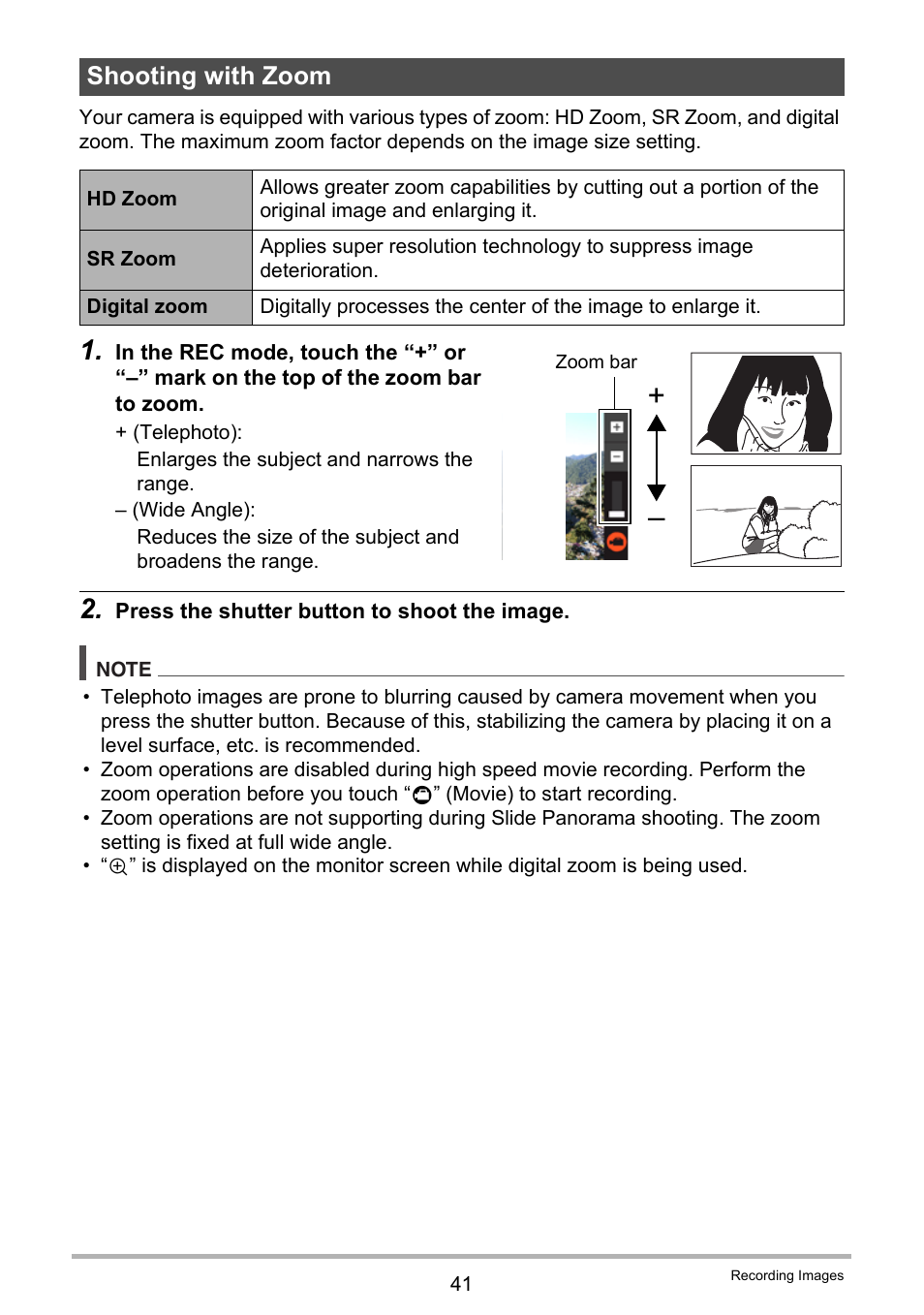 Shooting with zoom | Casio EX-TR100 User Manual | Page 41 / 129