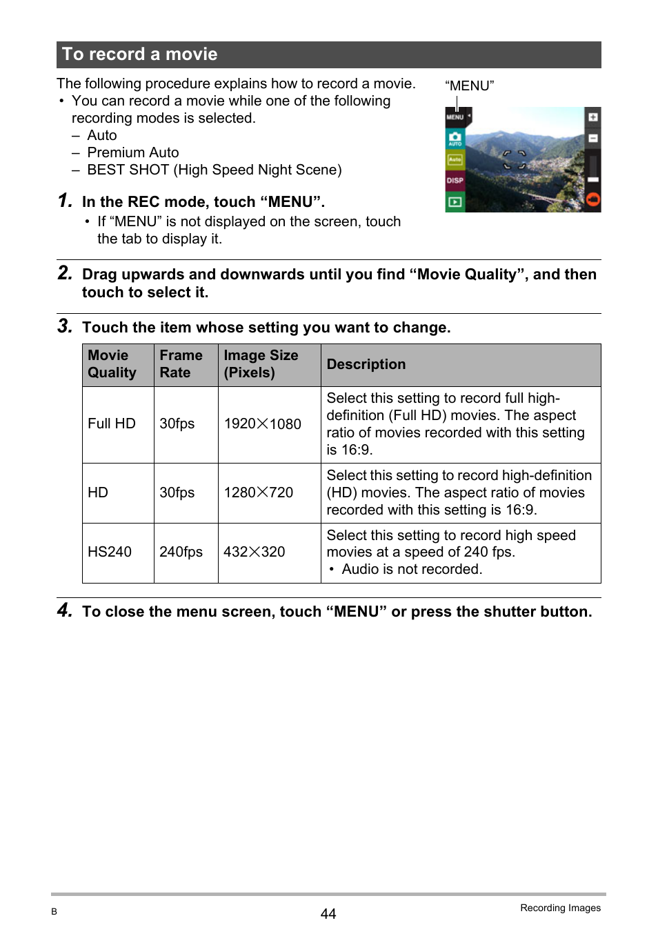 To record a movie | Casio EX-TR100 User Manual | Page 44 / 129