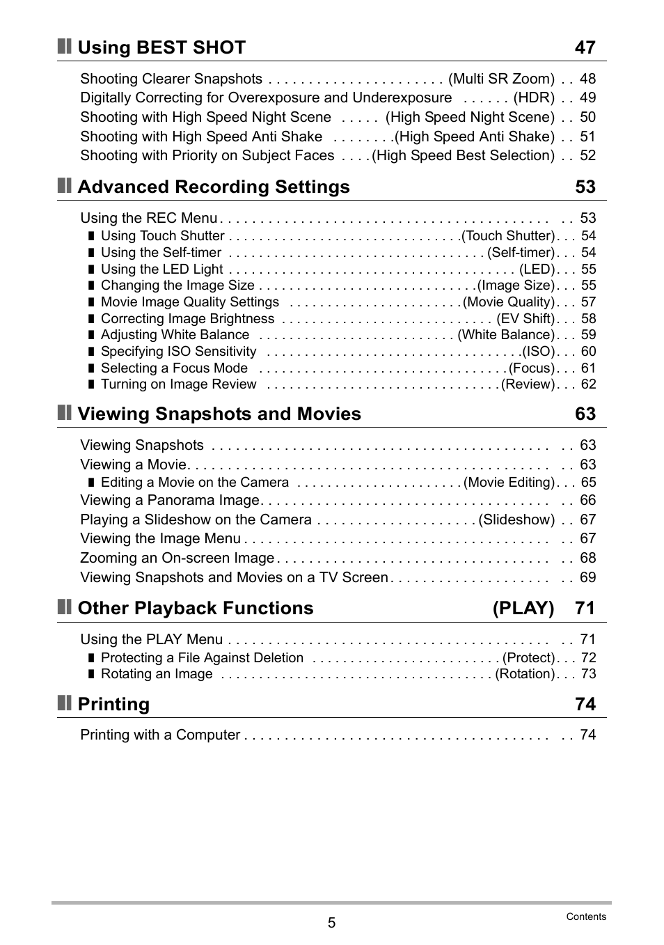 Using best shot 47, Advanced recording settings 53, Viewing snapshots and movies 63 | Other playback functions (play) 71, Printing 74 | Casio EX-TR100 User Manual | Page 5 / 129