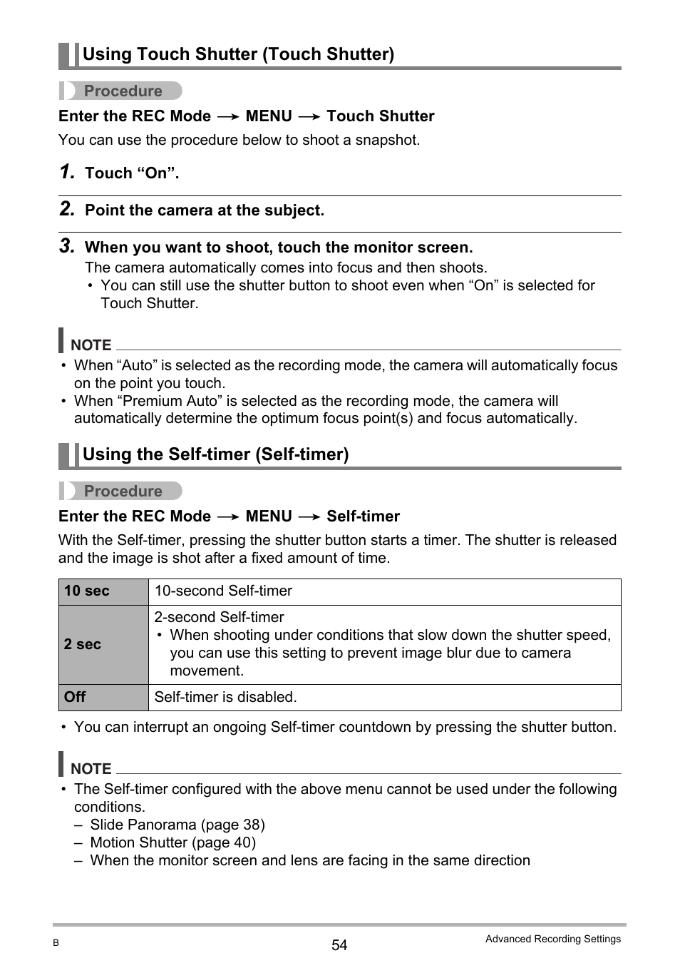 Using touch shutter (touch shutter), Using the self-timer (self-timer) | Casio EX-TR100 User Manual | Page 54 / 129