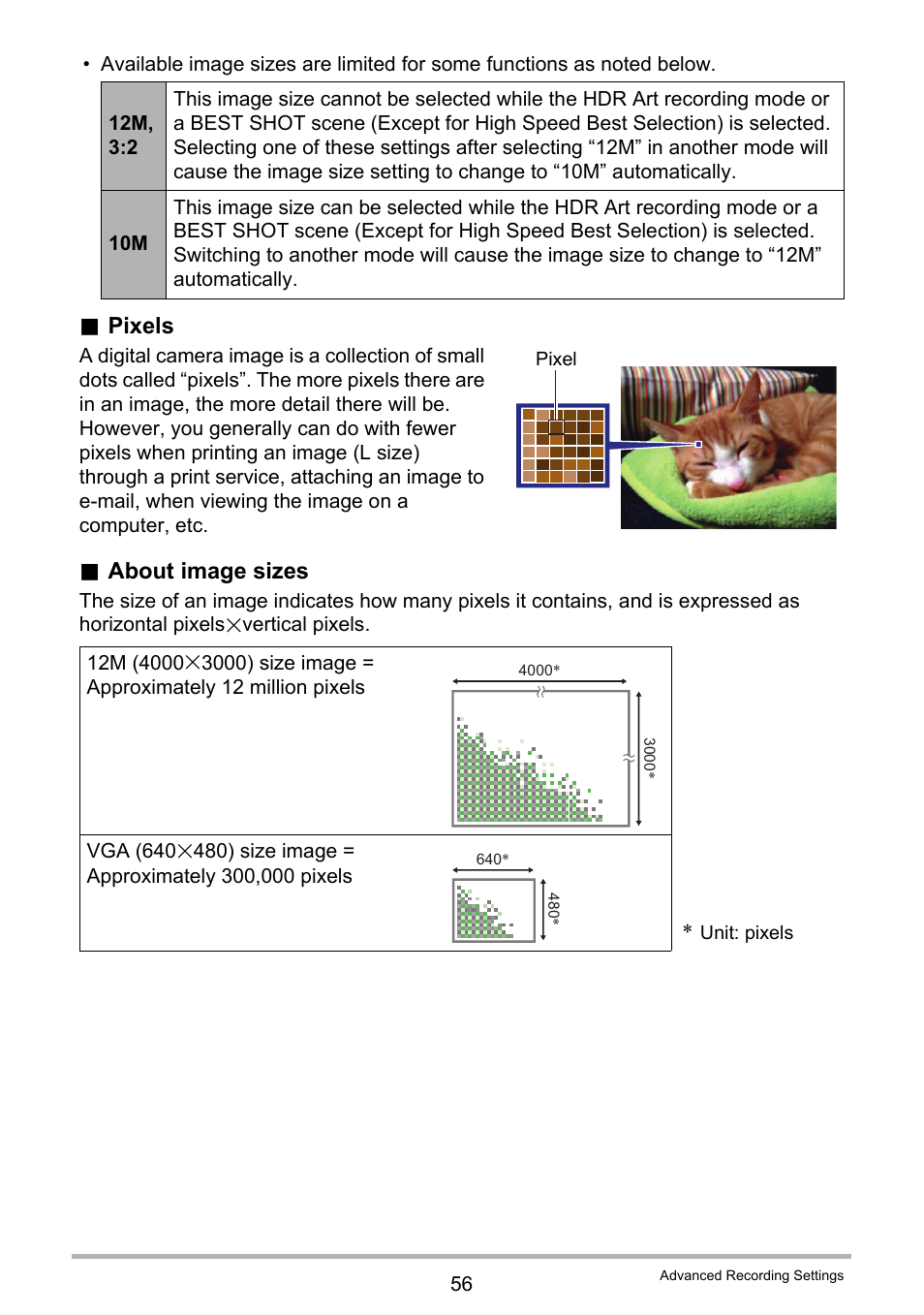 Pixels, About image sizes | Casio EX-TR100 User Manual | Page 56 / 129