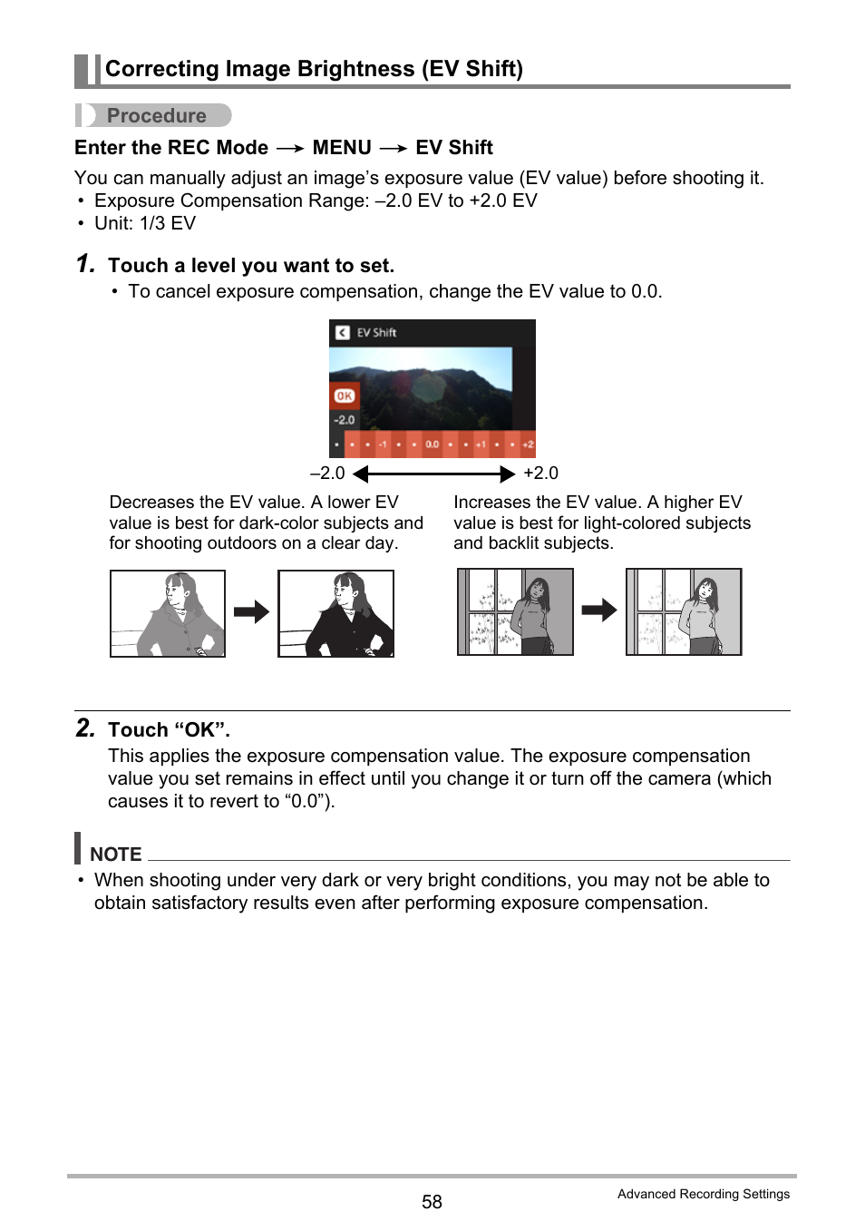 Correcting image brightness (ev shift) | Casio EX-TR100 User Manual | Page 58 / 129