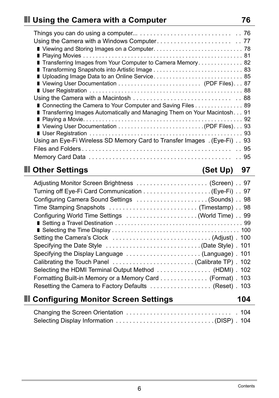 Using the camera with a computer 76, Other settings (set up) 97, Configuring monitor screen settings 104 | Casio EX-TR100 User Manual | Page 6 / 129