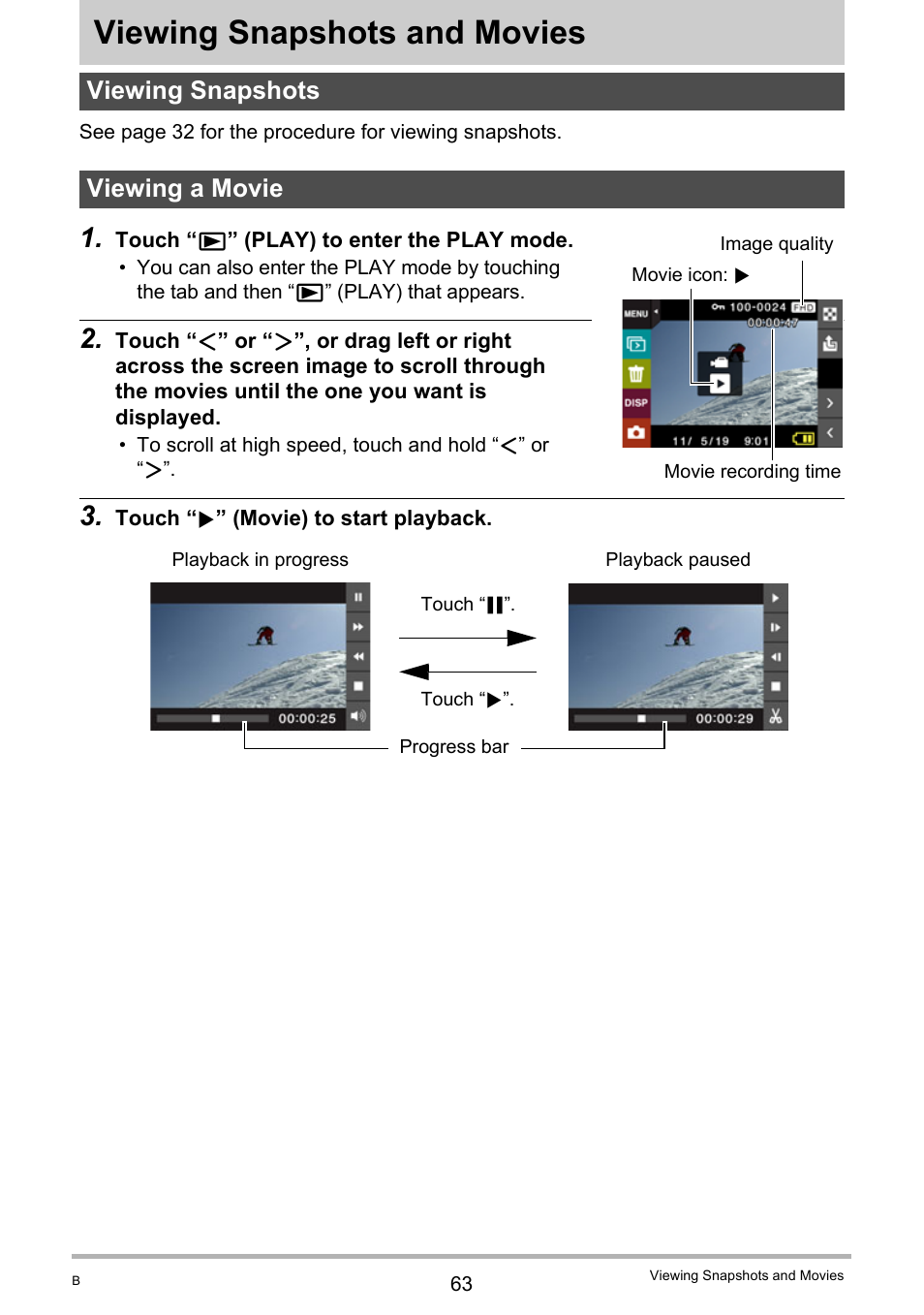 Viewing snapshots and movies, Viewing snapshots, Viewing a movie | Viewing snapshots viewing a movie, Age 63 | Casio EX-TR100 User Manual | Page 63 / 129