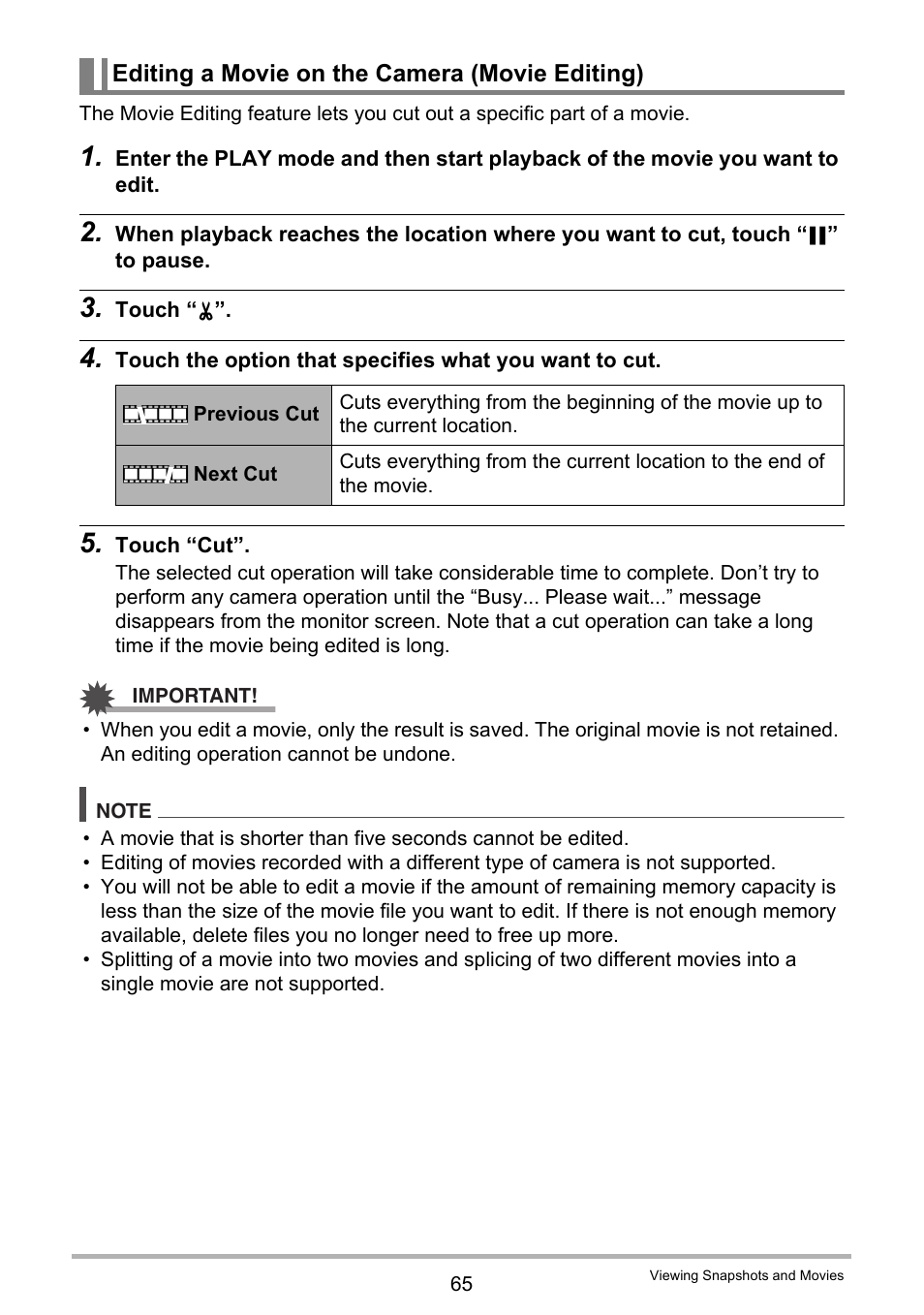 Editing a movie on the camera (movie editing) | Casio EX-TR100 User Manual | Page 65 / 129