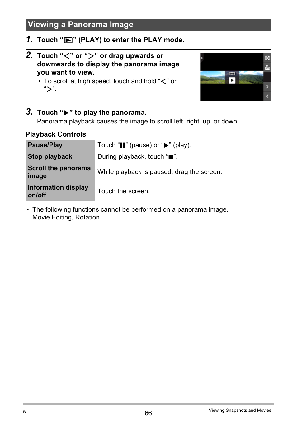 Viewing a panorama image | Casio EX-TR100 User Manual | Page 66 / 129