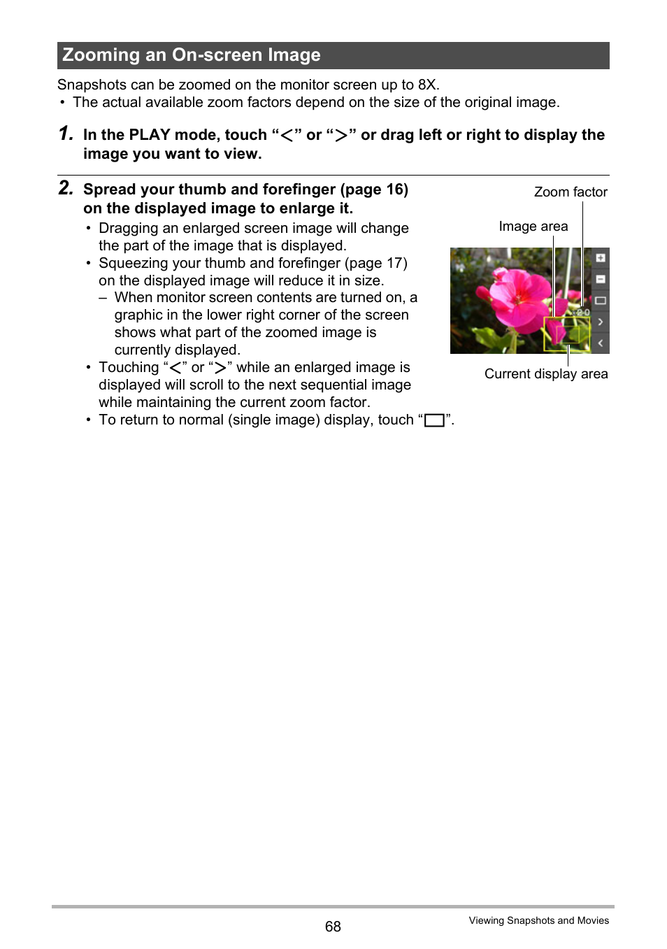 Zooming an on-screen image | Casio EX-TR100 User Manual | Page 68 / 129