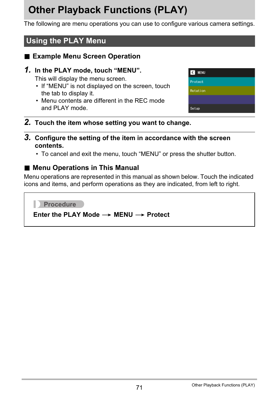 Other playback functions (play), Using the play menu, Other playback functions | Play) 71 | Casio EX-TR100 User Manual | Page 71 / 129