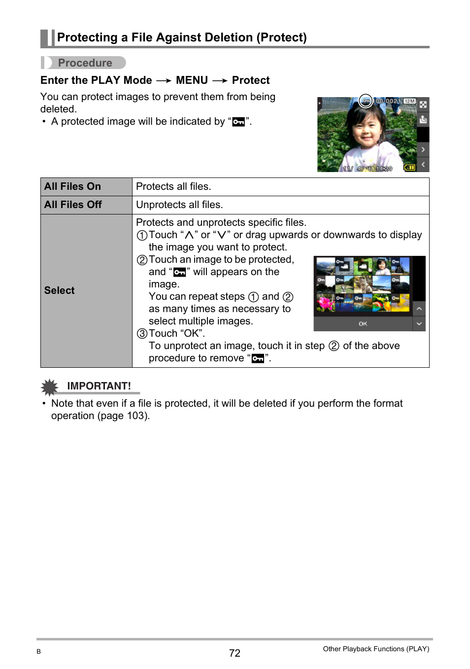 Protecting a file against deletion (protect) | Casio EX-TR100 User Manual | Page 72 / 129