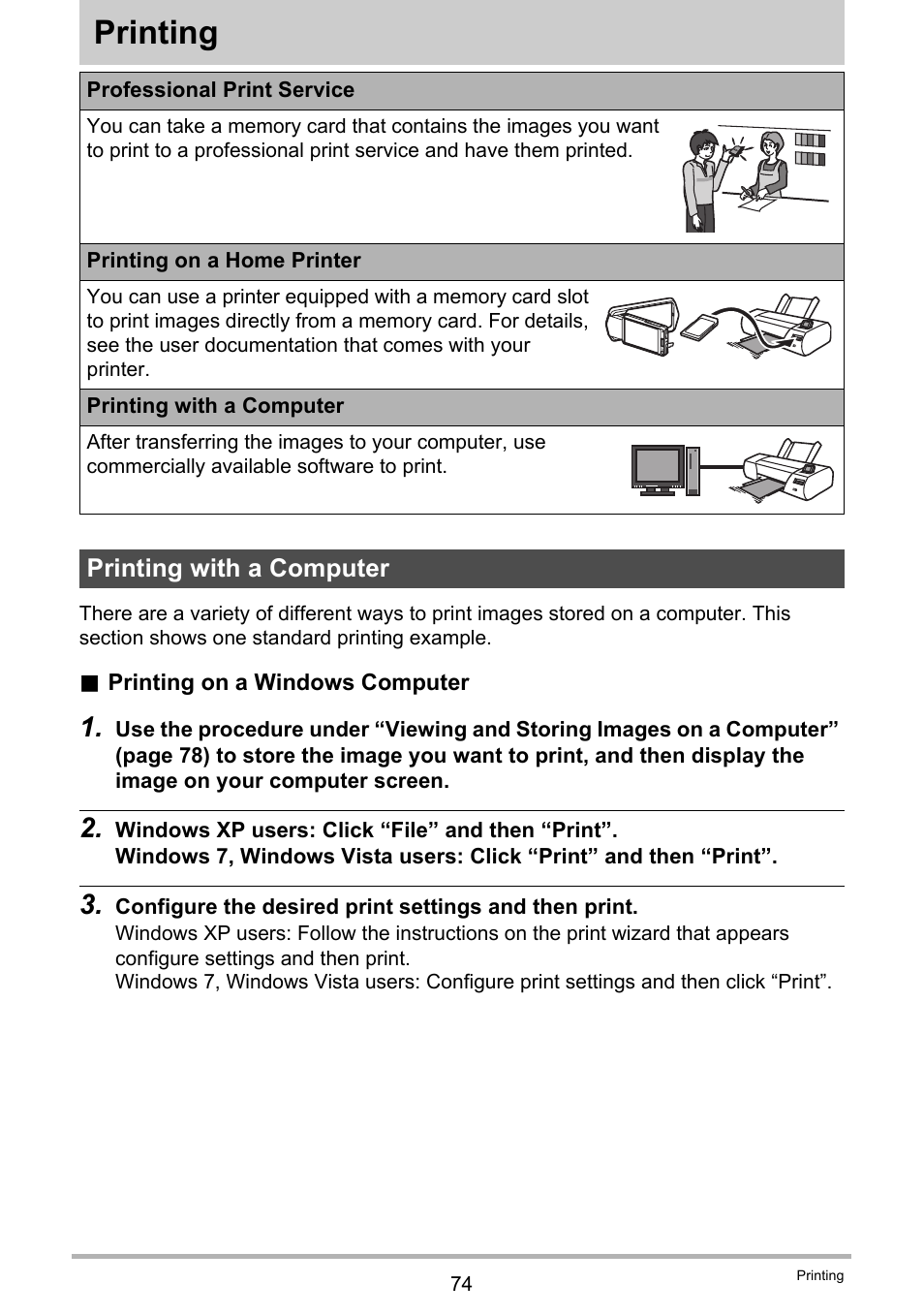 Printing, Printing with a computer | Casio EX-TR100 User Manual | Page 74 / 129