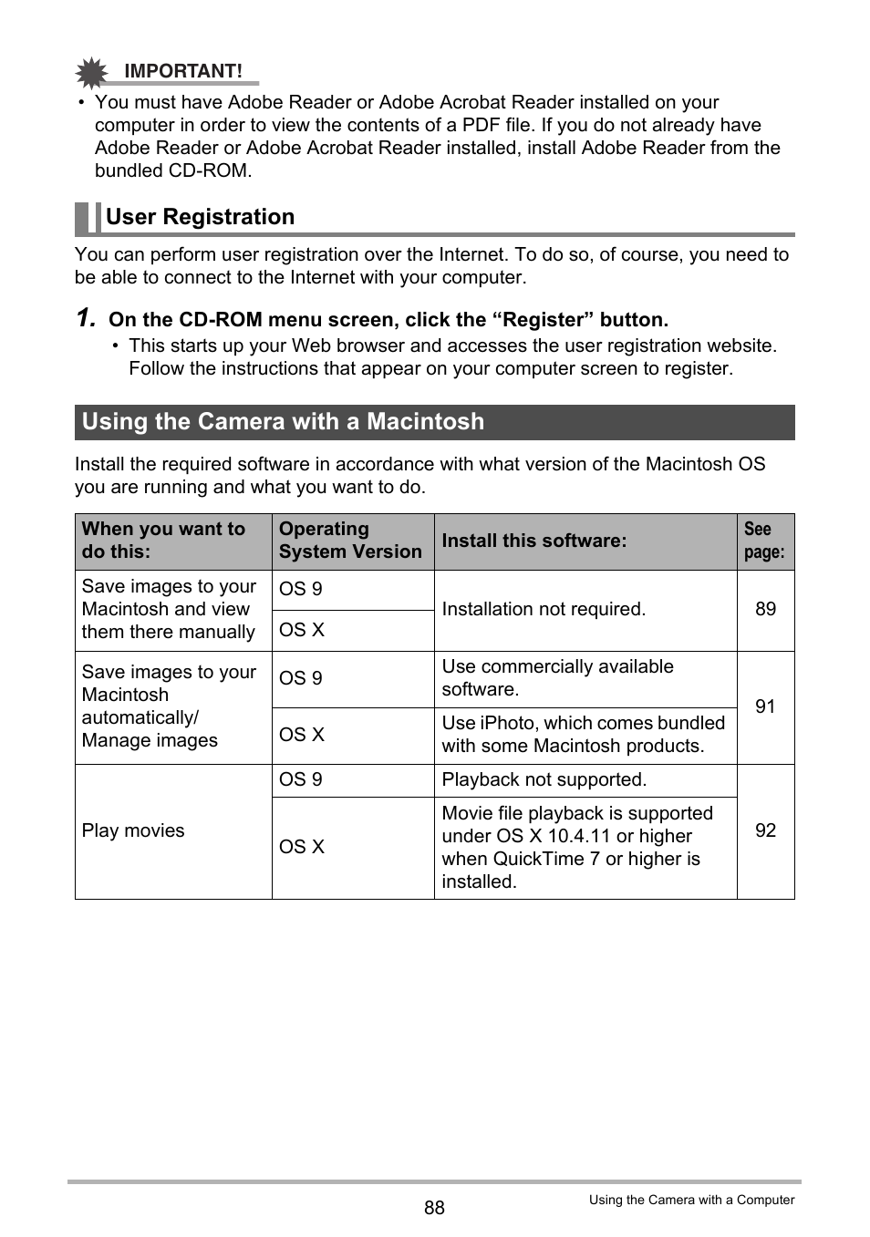 User registration, Using the camera with a macintosh | Casio EX-TR100 User Manual | Page 88 / 129