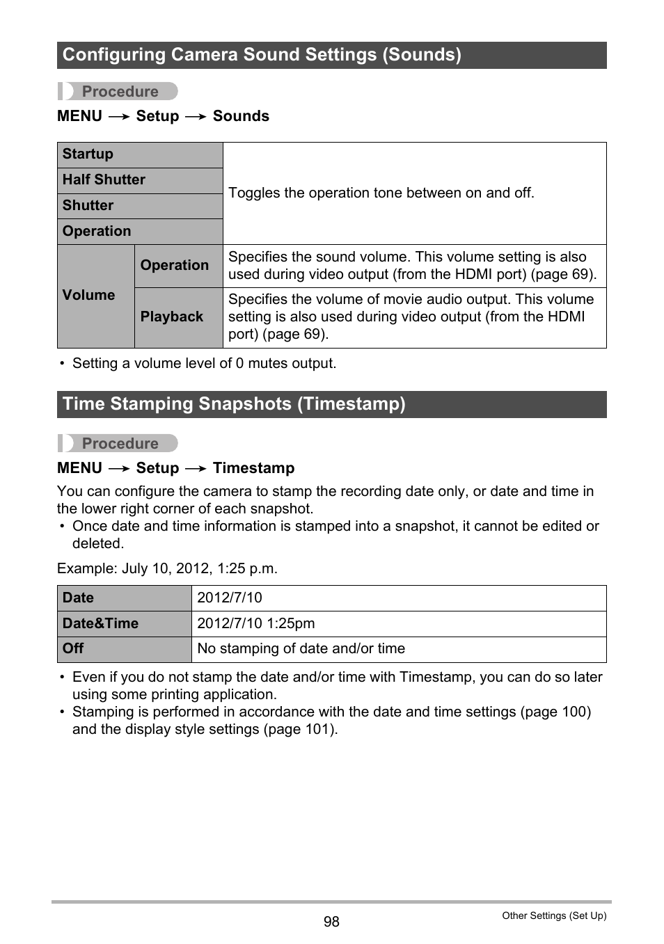 Configuring camera sound settings (sounds), Time stamping snapshots (timestamp) | Casio EX-TR100 User Manual | Page 98 / 129