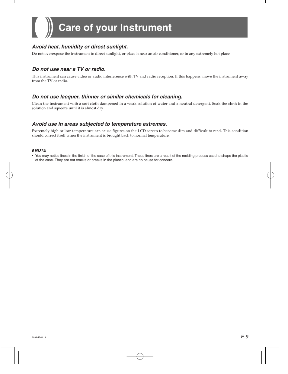 Care of your instrument | Casio CTK-671 User Manual | Page 11 / 98