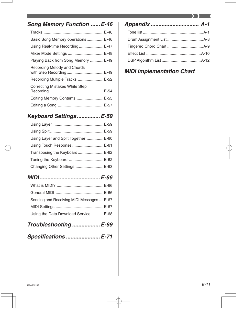 Keyboard settings ............... e-59, Midi ....................................... e-66, Midi implementation chart | Casio CTK-671 User Manual | Page 13 / 98