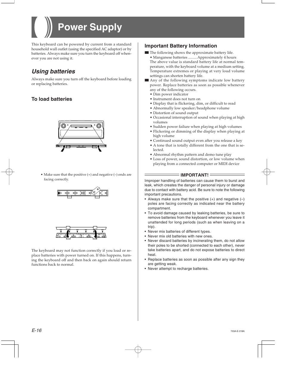 Power supply, Using batteries | Casio CTK-671 User Manual | Page 18 / 98