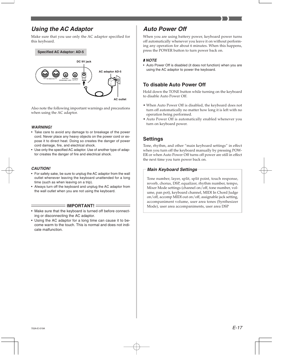 Using the ac adaptor, Auto power off, Settings | E-17, Main keyboard settings | Casio CTK-671 User Manual | Page 19 / 98