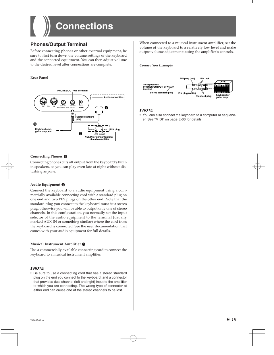 Connections, Phones/output terminal, E-19 | Casio CTK-671 User Manual | Page 21 / 98