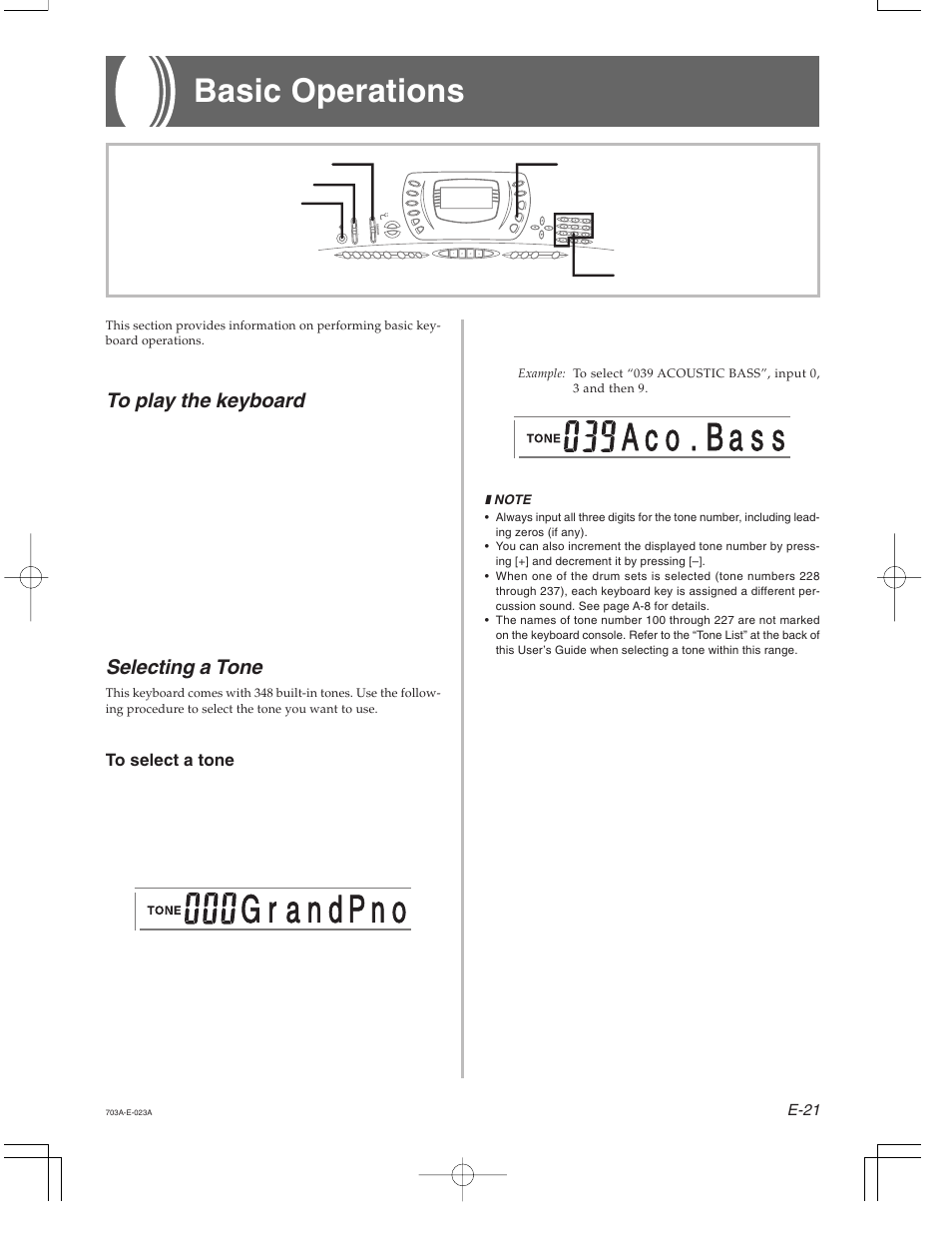 Basic operations, Selecting a tone | Casio CTK-671 User Manual | Page 23 / 98