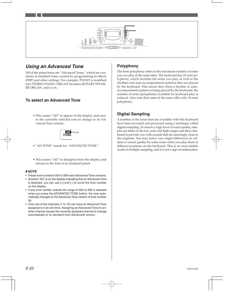 Using an advanced tone, Polyphony, Digital sampling | Casio CTK-671 User Manual | Page 24 / 98