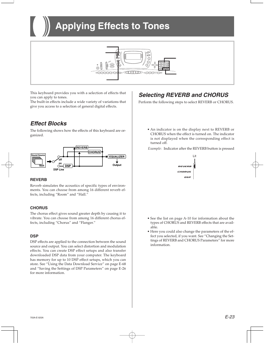 Applying effects to tones, Effect blocks, Selecting reverb and chorus | Casio CTK-671 User Manual | Page 25 / 98