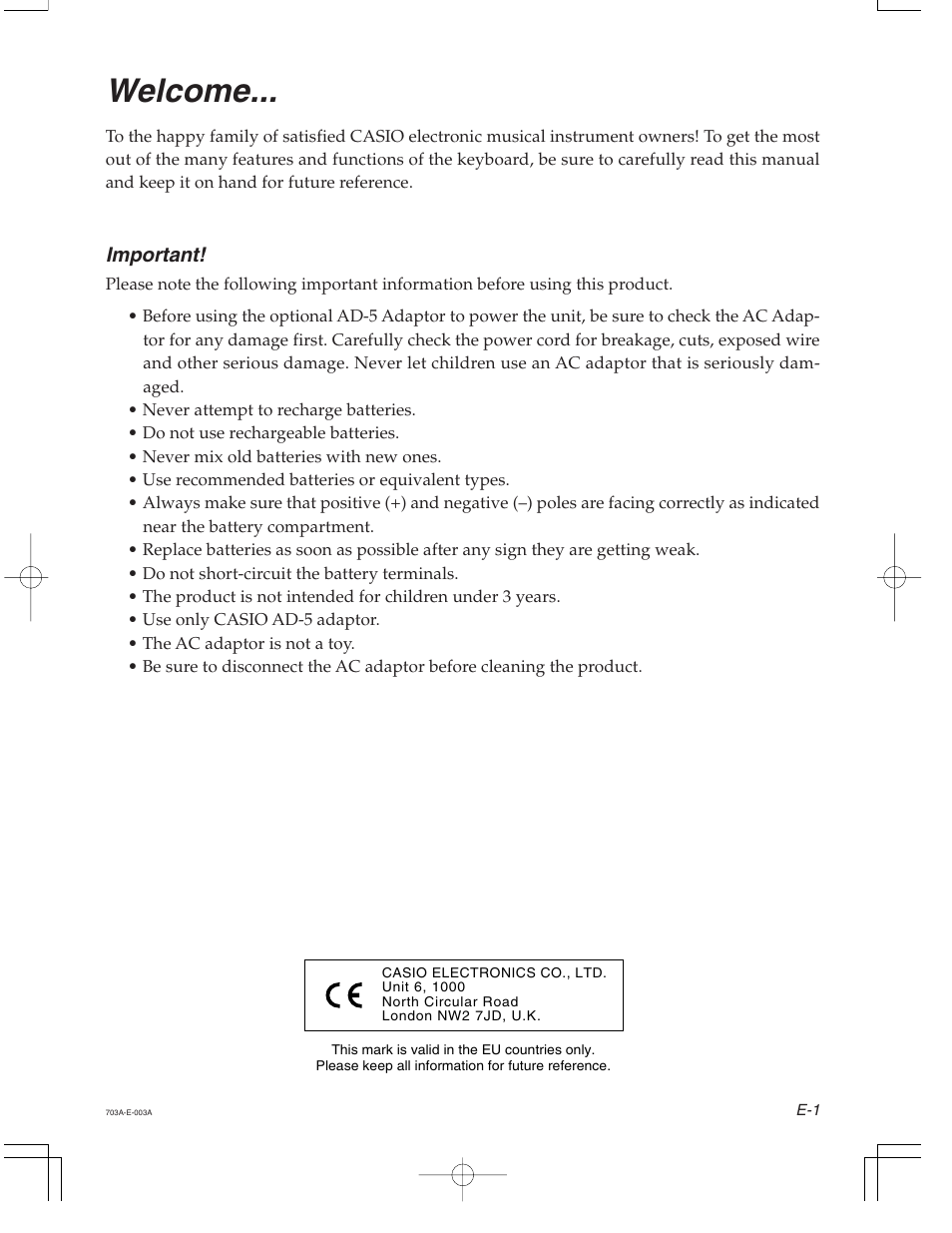 Welcome | Casio CTK-671 User Manual | Page 3 / 98