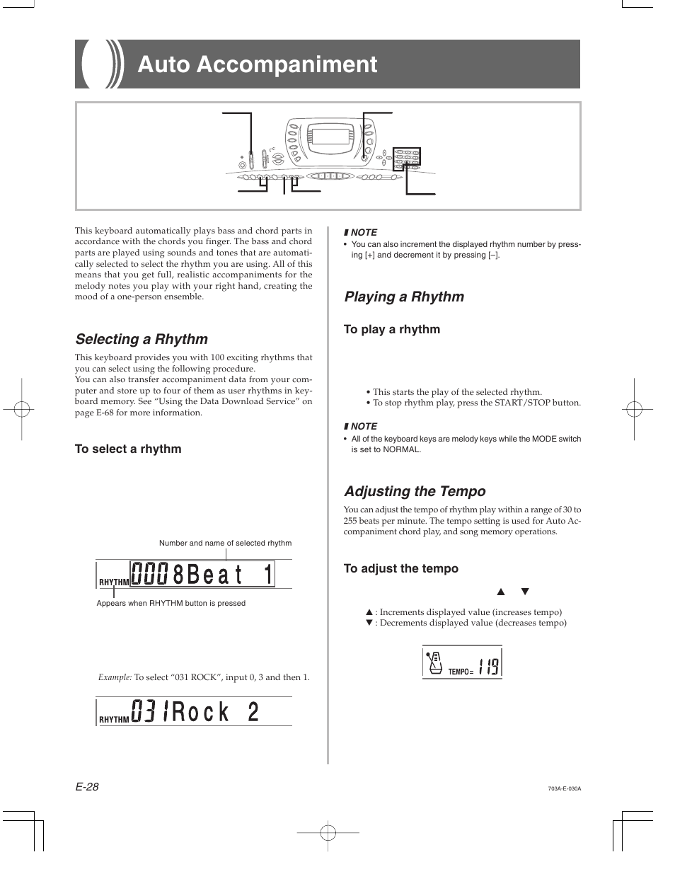 Auto accompaniment, Selecting a rhythm, Playing a rhythm | Adjusting the tempo | Casio CTK-671 User Manual | Page 30 / 98